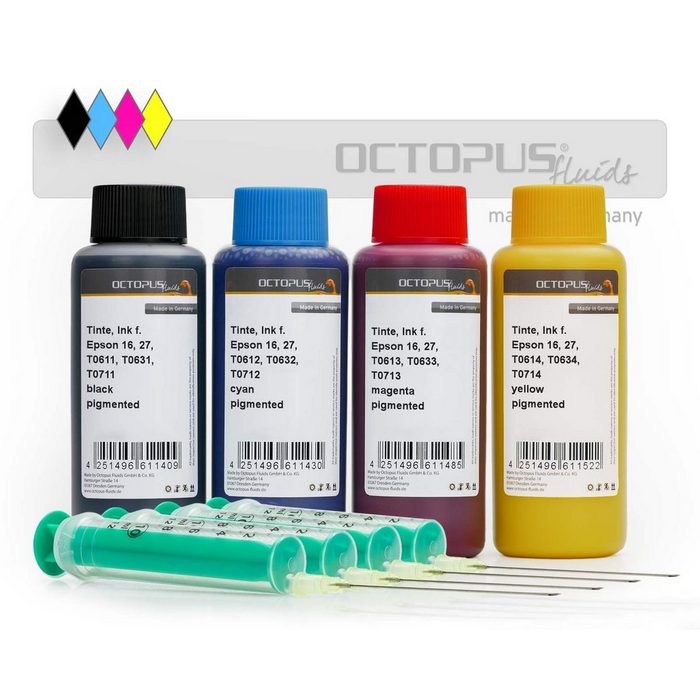 OCTOPUS Fluids Druckertinten für Epson 16 27 T061x T063x T071x alle 4 Farben Nachfülltinte (für Epson 4x 100 ml)