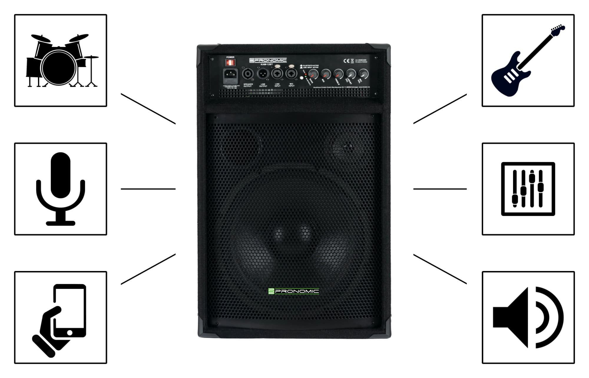 Pronomic KAM-12BT Aktiver Bühnenmonitor Lautsprecher (Bluetooth, 120 W, 2-Wege-Multifunktionsbox im Wedge-Format)