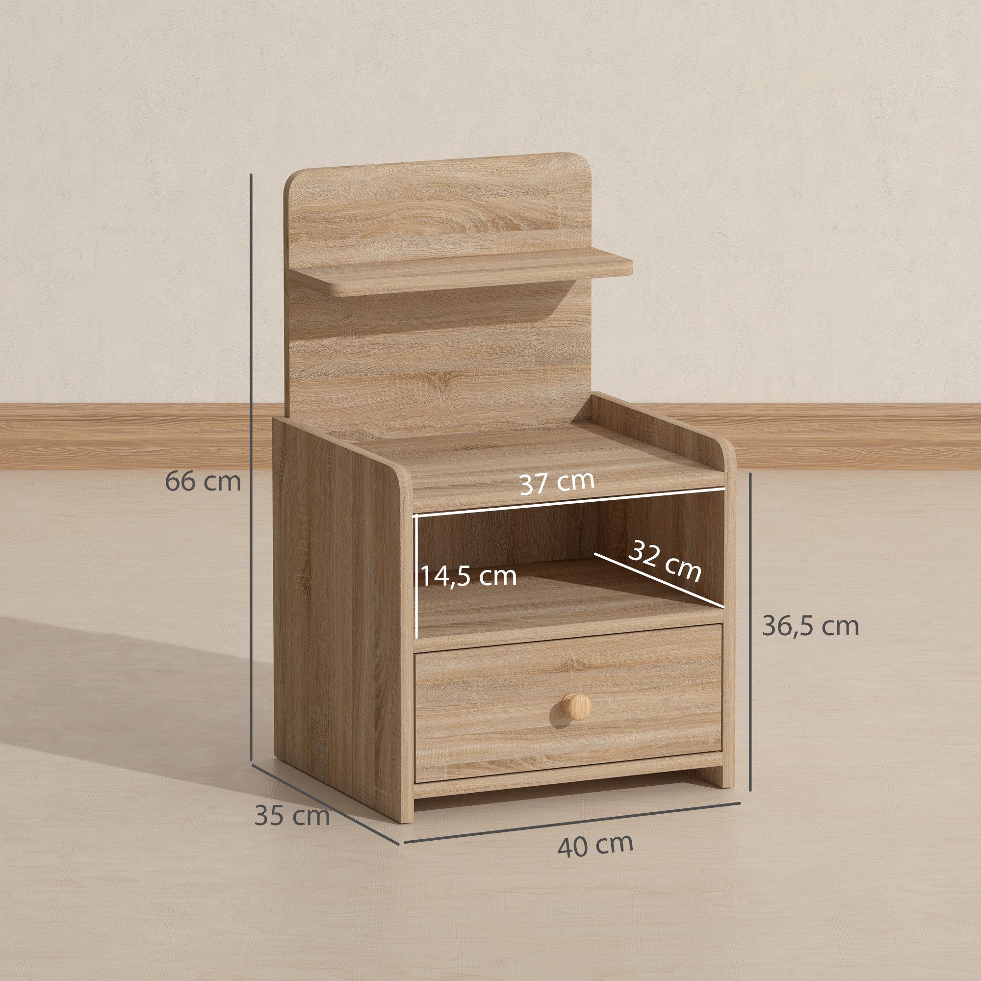 HOMCOM Nachttisch Nachtschrank mit offenen Ablage, Fach, Schublade (Nachttisch, 1-St., Nachtkommode), für Schlafzimmer, Wohnzimmer, 40 x 35 x 66 cm, Naturholz