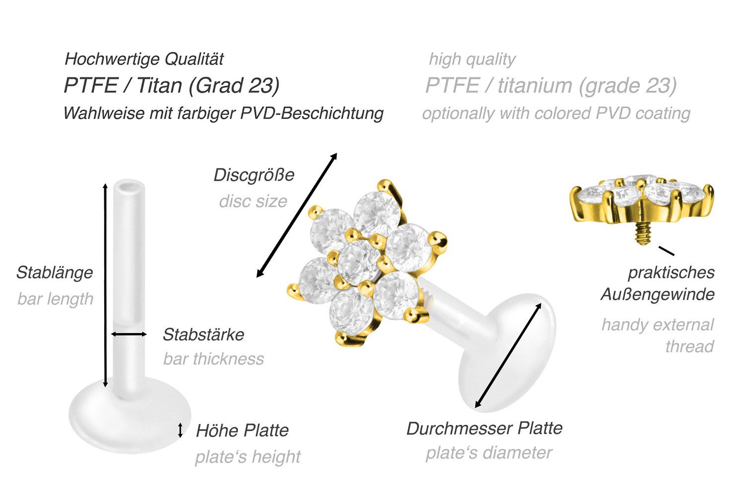 PIERCINGLINE Piercing-Set PTFE Labret mit Innengewinde + Titan-Aufsatz KRISTALLBLUME (Labrets, 1-tlg)