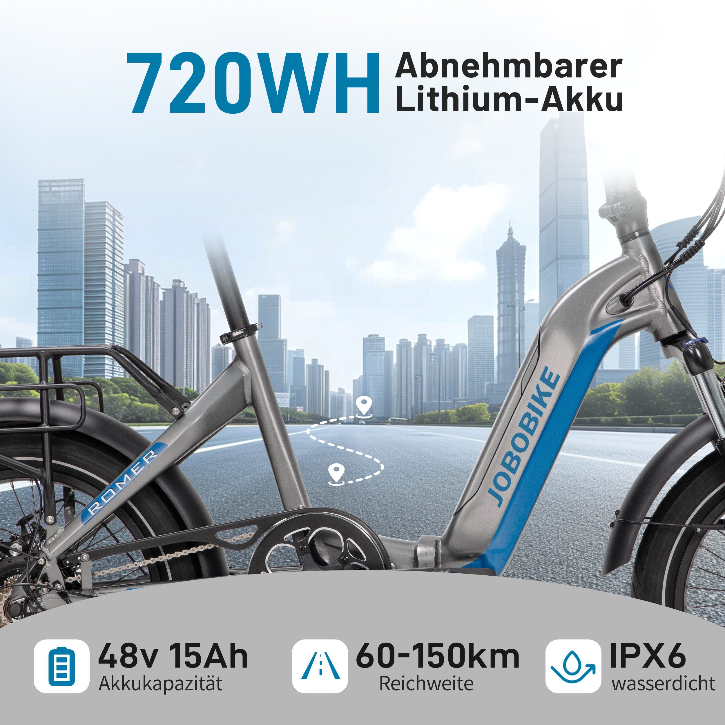 JOBOBIKE E-Bike Klapprad 20 x 3,0 Zoll, 80 Nm, Romer 60-150km, E-bike klappbar, E-Cityrad, 7 Gang Shimano, Heckmotor, 720 Wh, (LED-Display, Federgabel, bis zu 120kg, Faltrad), 5 Stufen, 3'' Breitreifen, Aluminiumrahmen, Tiefeinsteiger-Rahmen