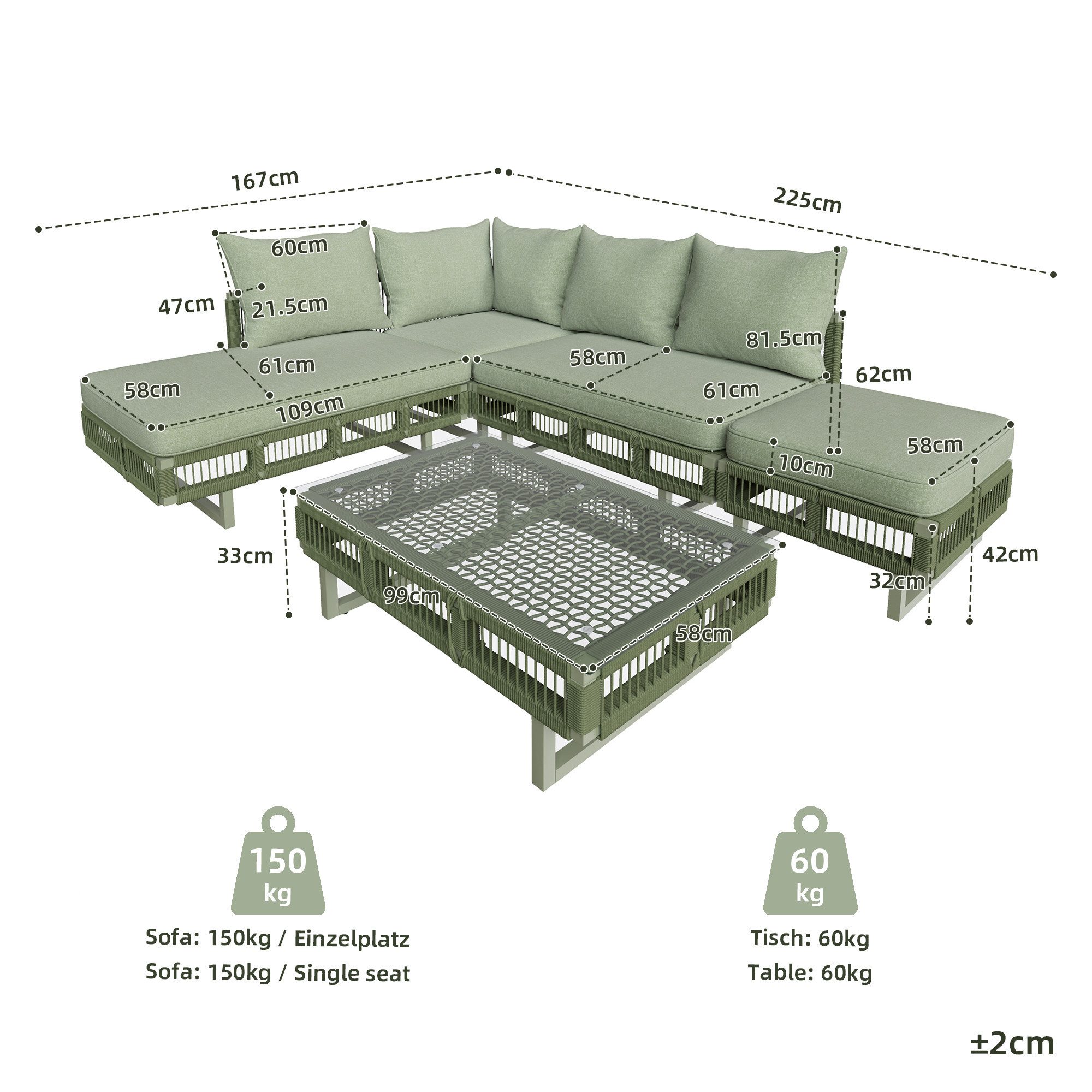 Celya Gartenlounge-Set Outdoor-Sitzgruppe aus Seilgeflecht, modulare Gartenmöbel-Set, (Set, wetterfest für Terrasse, Balkon, Poolbereich, Grün), mit verstellbaren Füßen, 10cm dicken Kissen und Glas-Couchtisch