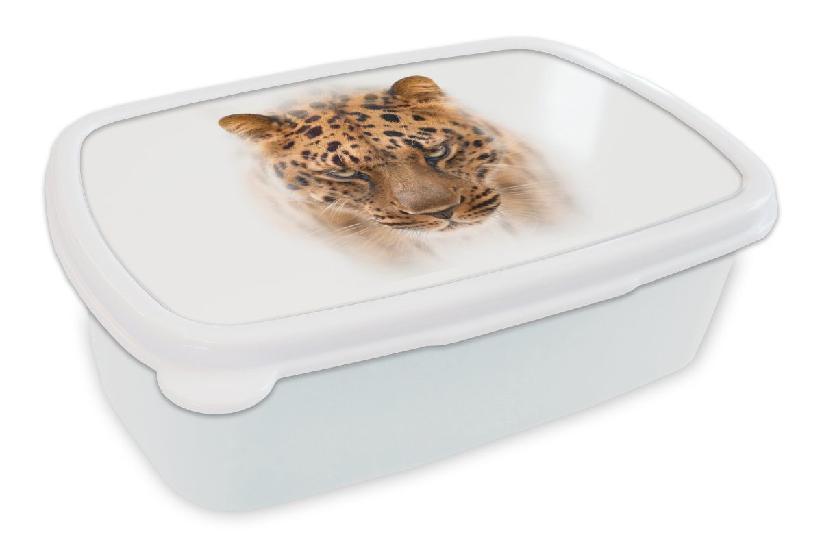 MuchoWow Lunchbox Leopard - Weiß - Gesicht, Kunststoff, (2-tlg), Brotbox für Kinder und Erwachsene, Brotdose, für Jungs und Mädchen