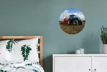 MuchoWow Gemälde Traktor - Blau - Landleben - Wolken, (1 St), Kreis Wanddekoration Forex, Rundes Wandbild, Wohnzimmer, 30x30 cm