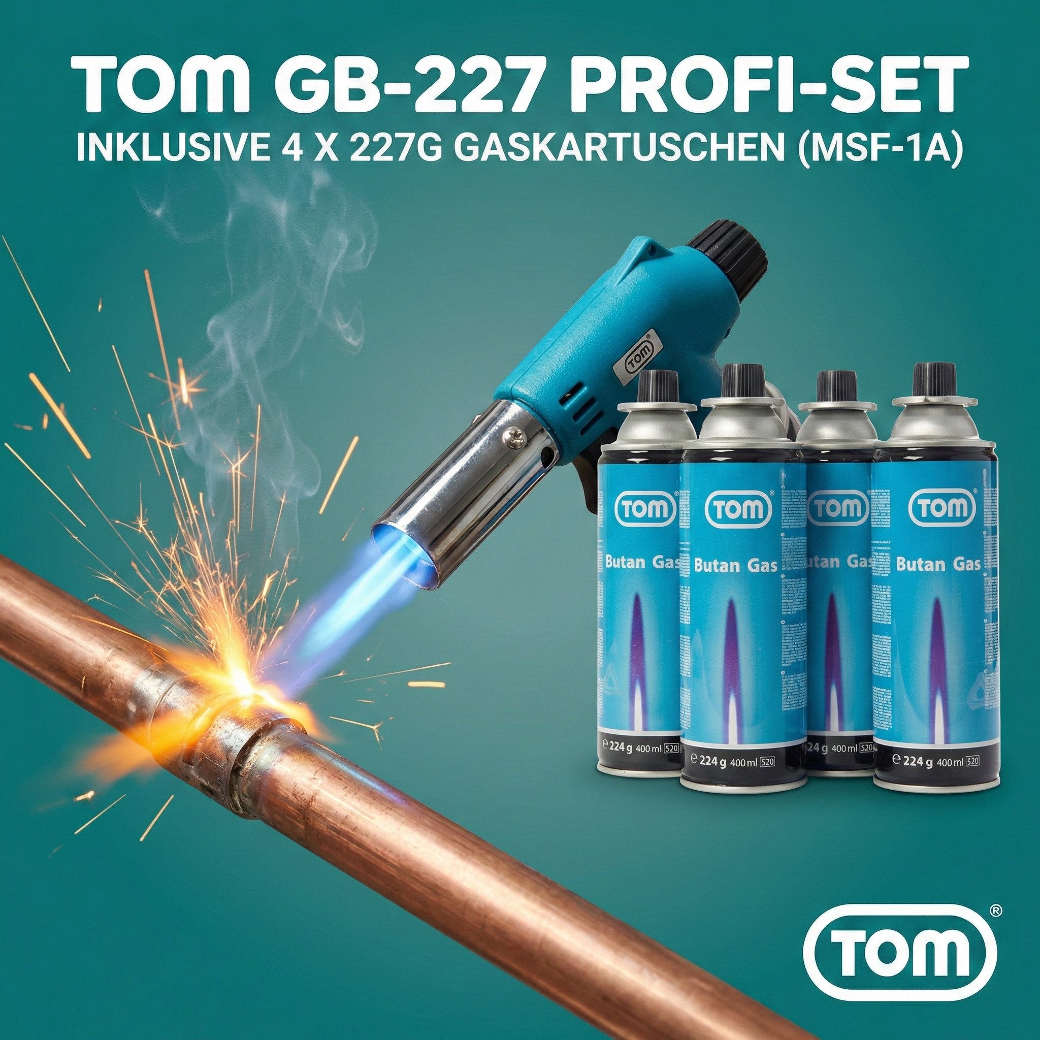 TOM Flambierbrenner Set optional mit 4x 224g Gaskartuschen, (5-tlg), 1300°C, Piezozündung, MSF-1A