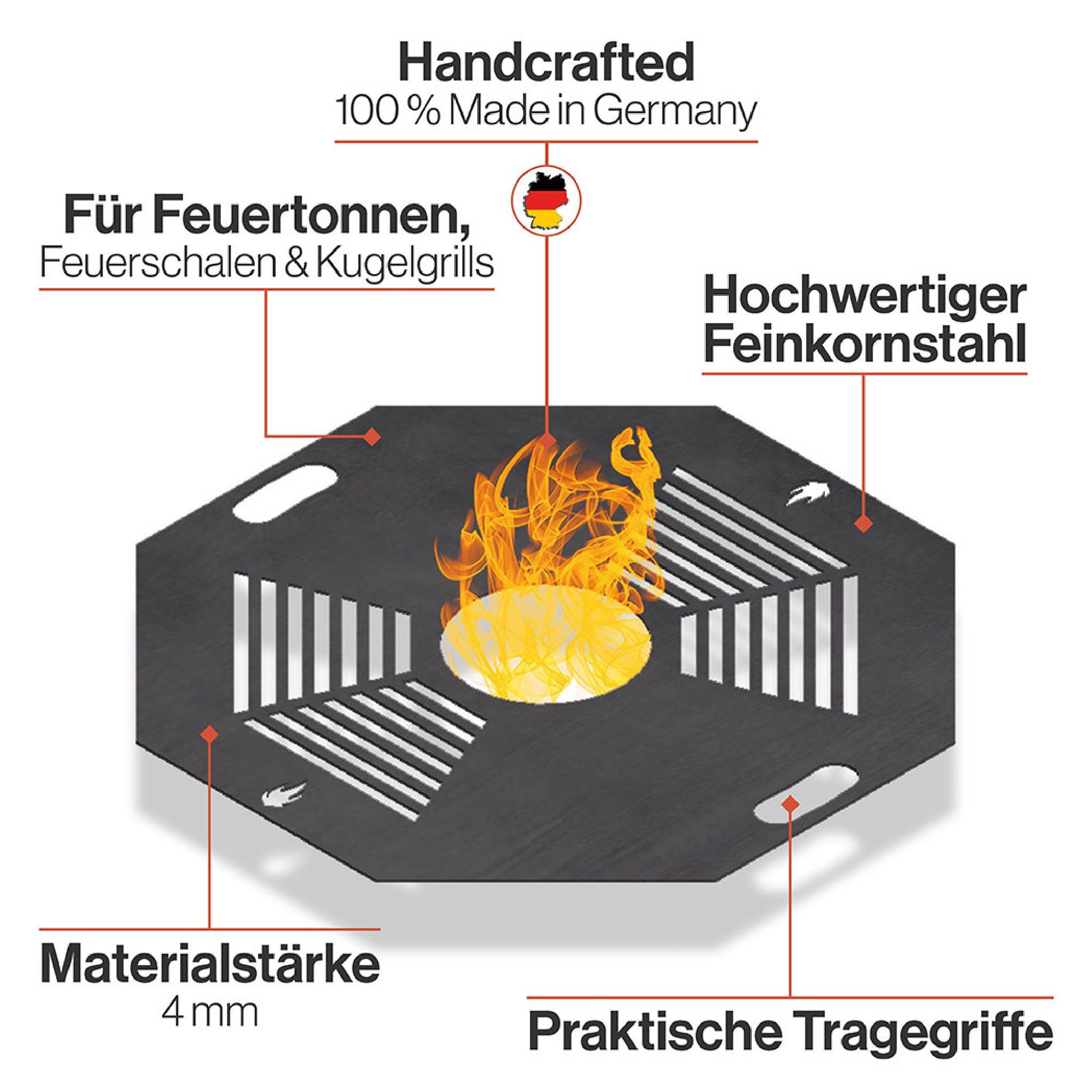 Feuerfest 123 GmbH Grillplatte Feuerplatte Grillplatte mit integriertem Rost 8-eckig Ø 60 cm Design 1