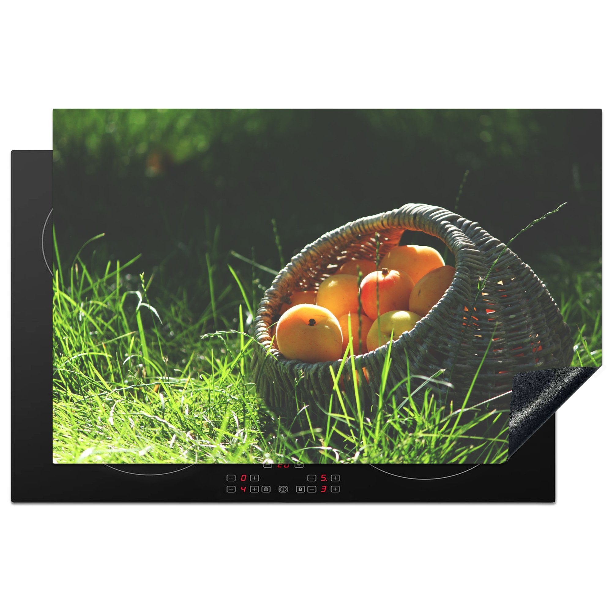 MuchoWow Herdblende-/Abdeckplatte Aprikosen Induktionskochfeld - 81x52 - Korb (1 Vinyl, Schutz Ceranfeldabdeckung Obst, für tlg), - küche, die cm, Gras