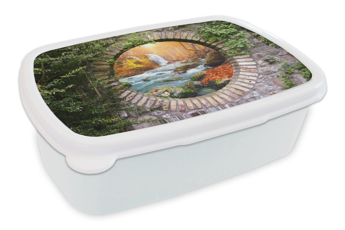 MuchoWow Lunchbox Herbst - Wasserfall - Natur - Aussicht, Kunststoff, (2-tlg), Brotbox für Kinder und Erwachsene, Brotdose, für Jungs und Mädchen weiß