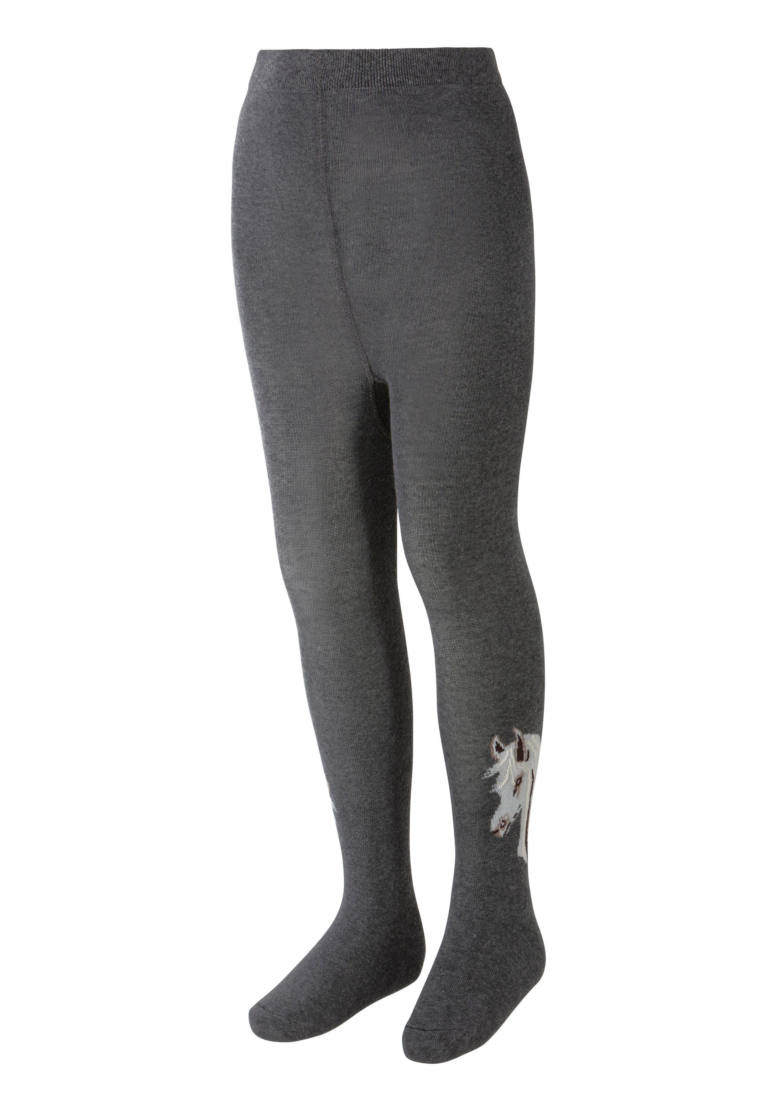 Pferde schwarz, St) grau/melange mit 3 H.I.S Strickstrumpfhose anthrazit/melange, Motiven (Packung