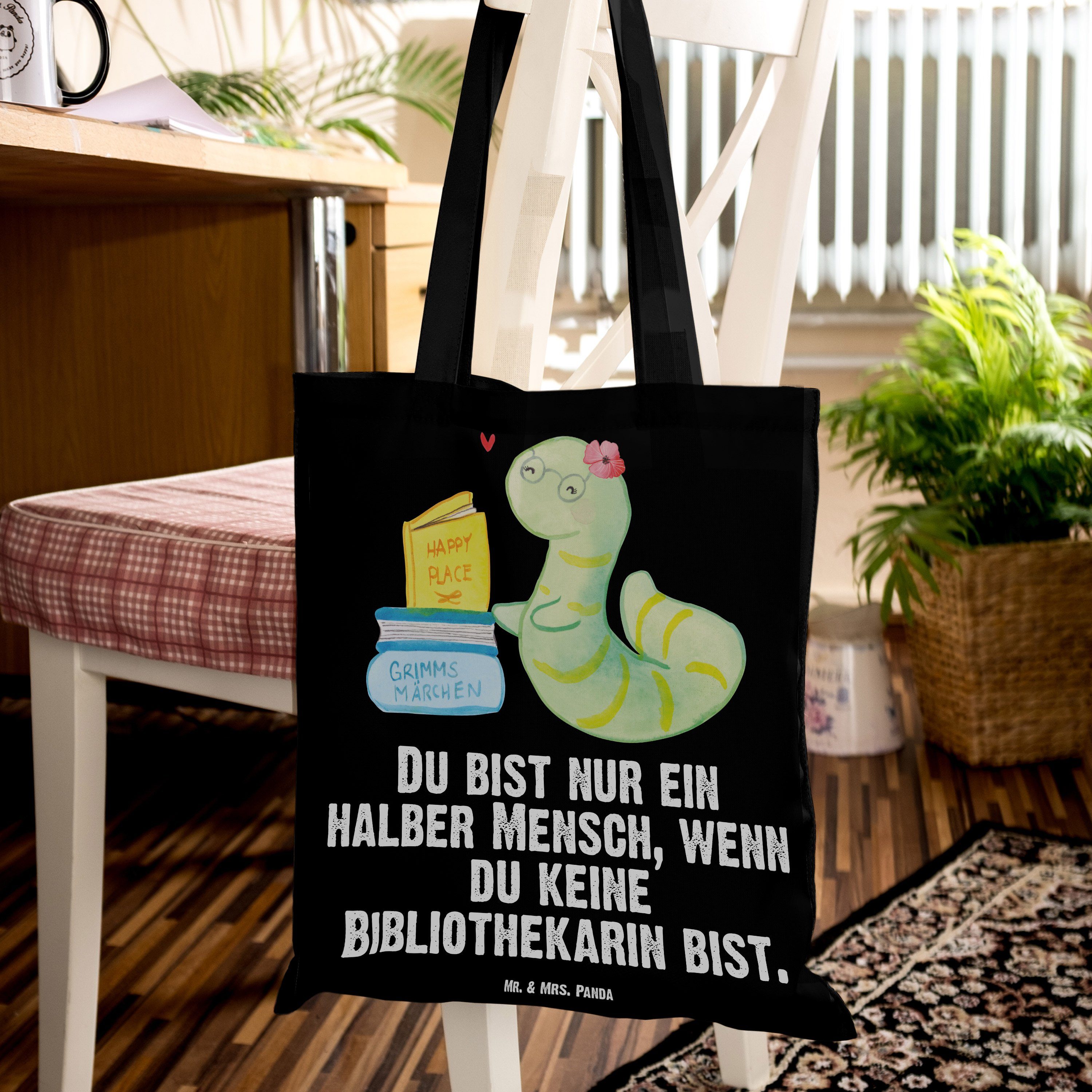 Mr. Mrs. Stoffbeutel - Herz Tragetasche (1-tlg) mit Geschenk, & Panda Schwarz Jutebeutel, - Bibliothekarin