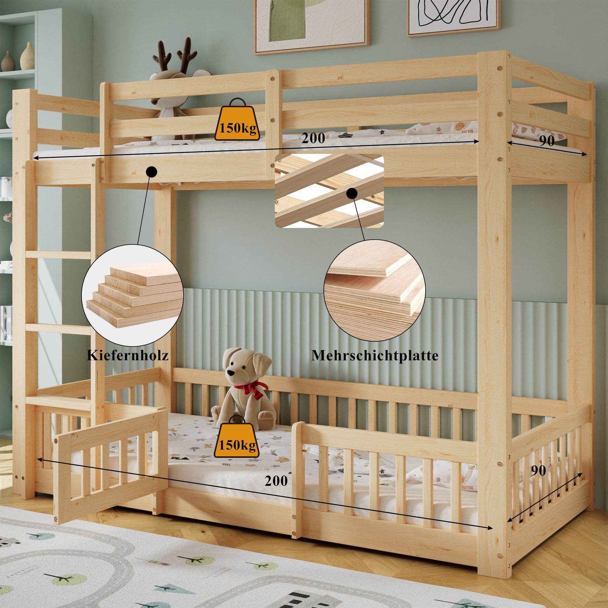 Flieks Etagenbett (mit rechtwinkliger Leiter, Zäune und Tür), Hochbett Kiefernholz Kinderbett mit oberem Lattenrost 90*200cm