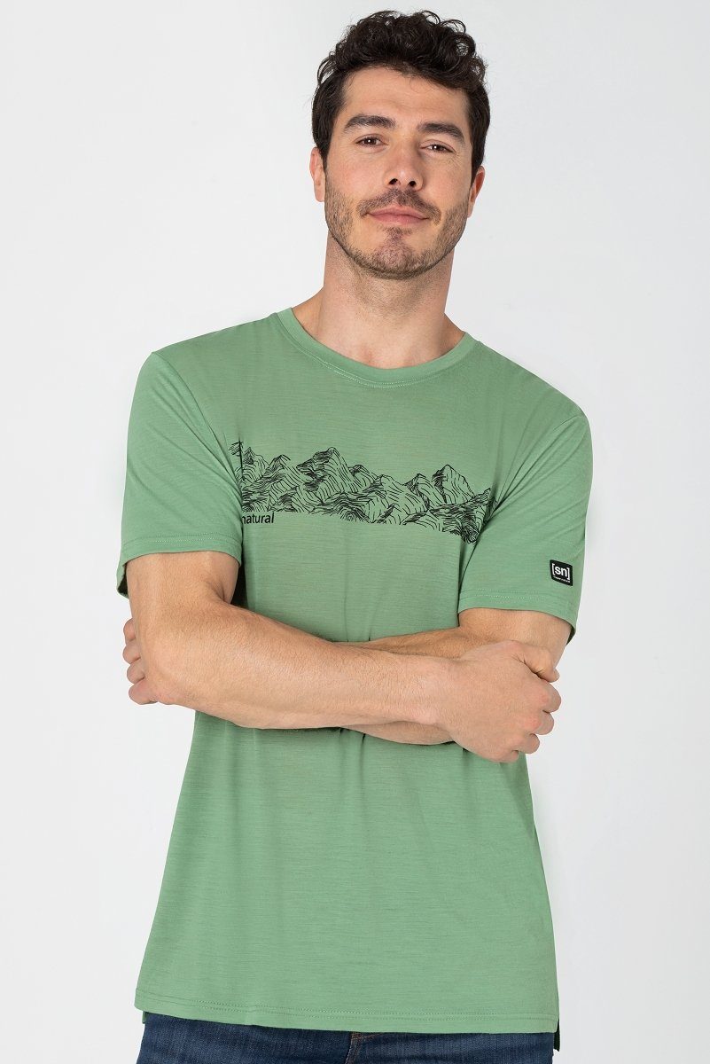 SUPER.NATURAL T-Shirt Merino T-Shirt M CONTOUR TEE alpiner Print, Merino-Materialmix Loden Frost/Jet Black