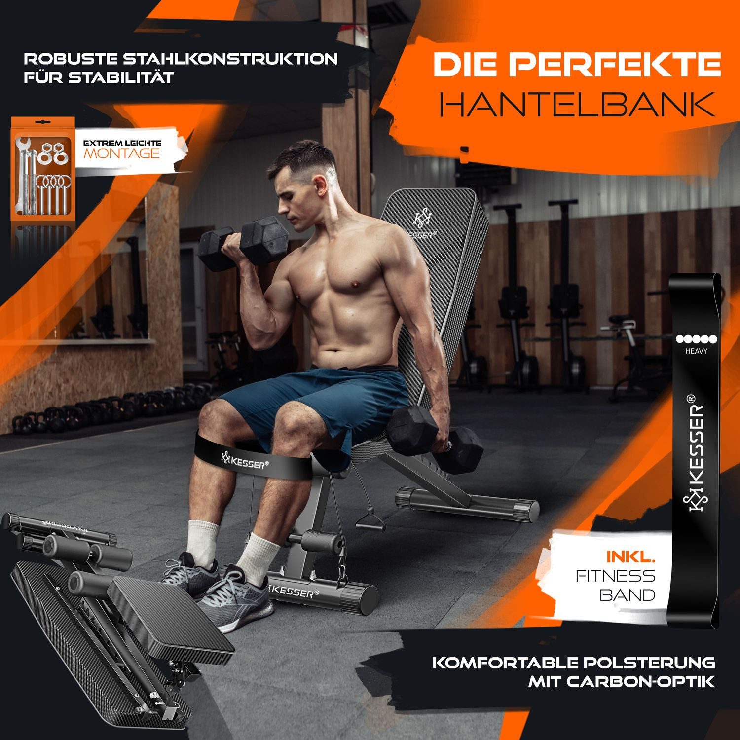 KESSER Hantelbank Multifunktionale Trainingsbank mit Rückenlehne 500kg Belastbarkeit, (Klappbare Verstellbare Mehrzweck-Hantelbank Flachbank zum Bankdrücken), Fitnessgerät Ganzkörpertraining Schrägbank für Fitness & Training