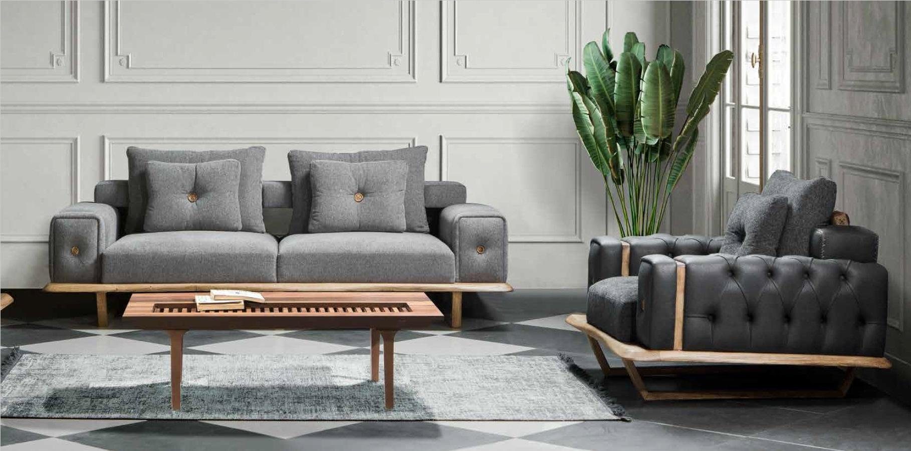 JVmoebel Sofa, Sofagarnitur Wohnzimmer Holz 3+1 Set Sofa Couch + Sessel Textil Modern