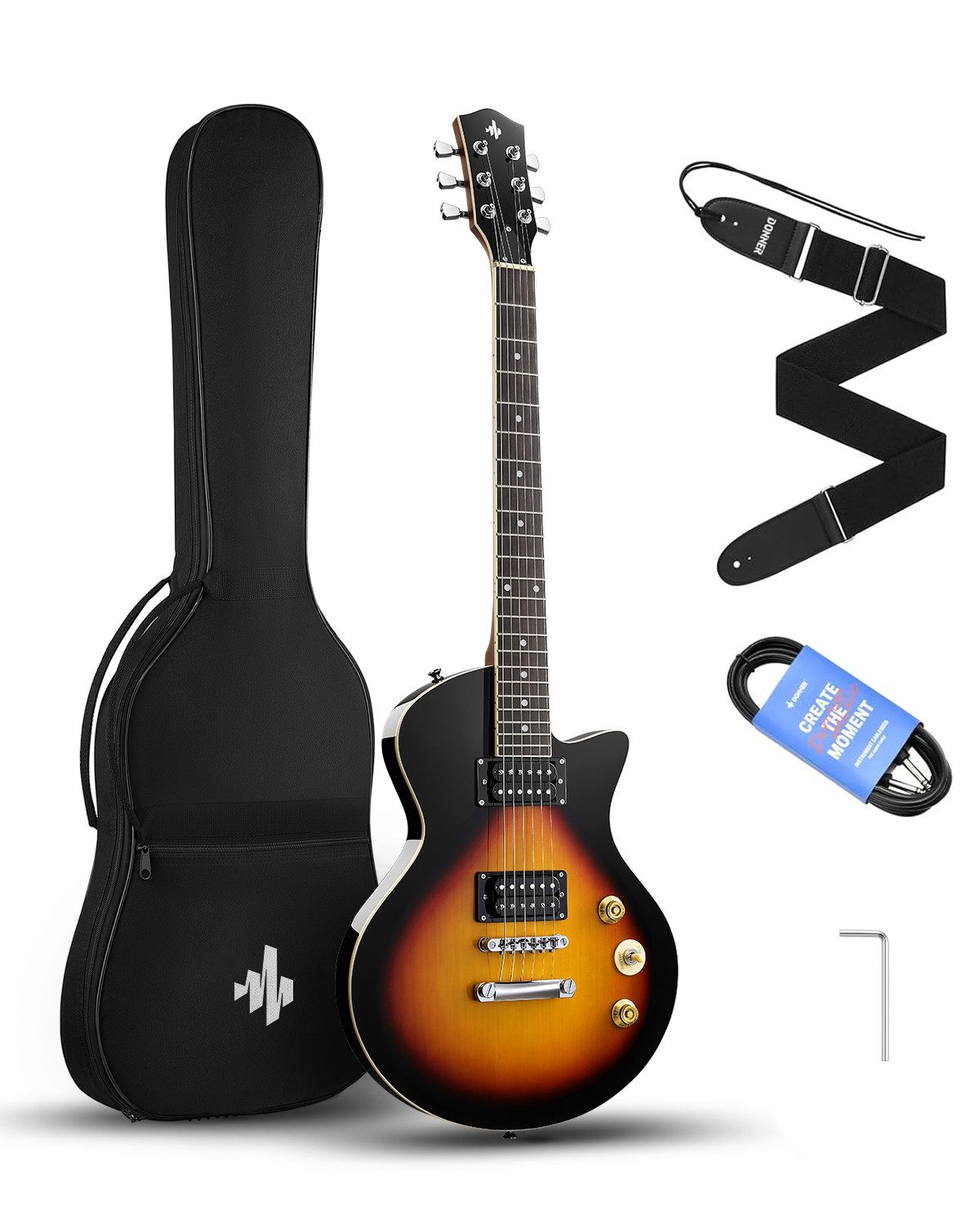 Donner E-Gitarre 39" Solid Body H-H Pickups Gitarren für Rock, Blues, Pop &Punk DSC-128, Gitarrenkoffer, Gurt, Kabel, Gitarrenkoffer, Gurt, …