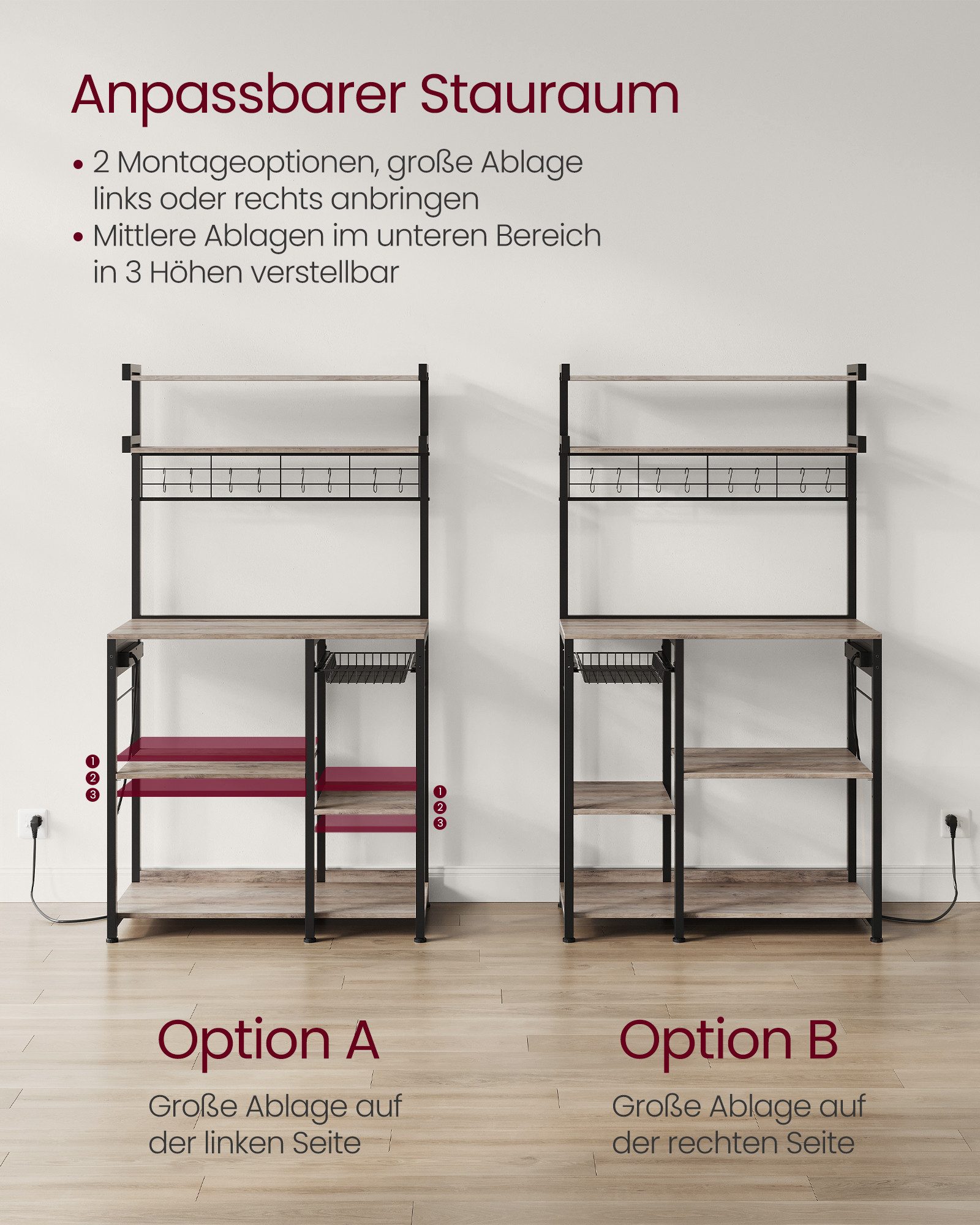 VASAGLE Küchenregal Standregal mit Steckdosen, 8 S-Haken, 40 x 90 x 165,5 cm, Kaffeebar, mit Korb, Bäckerregal, Gewürzregal – Bild 5 von 5
