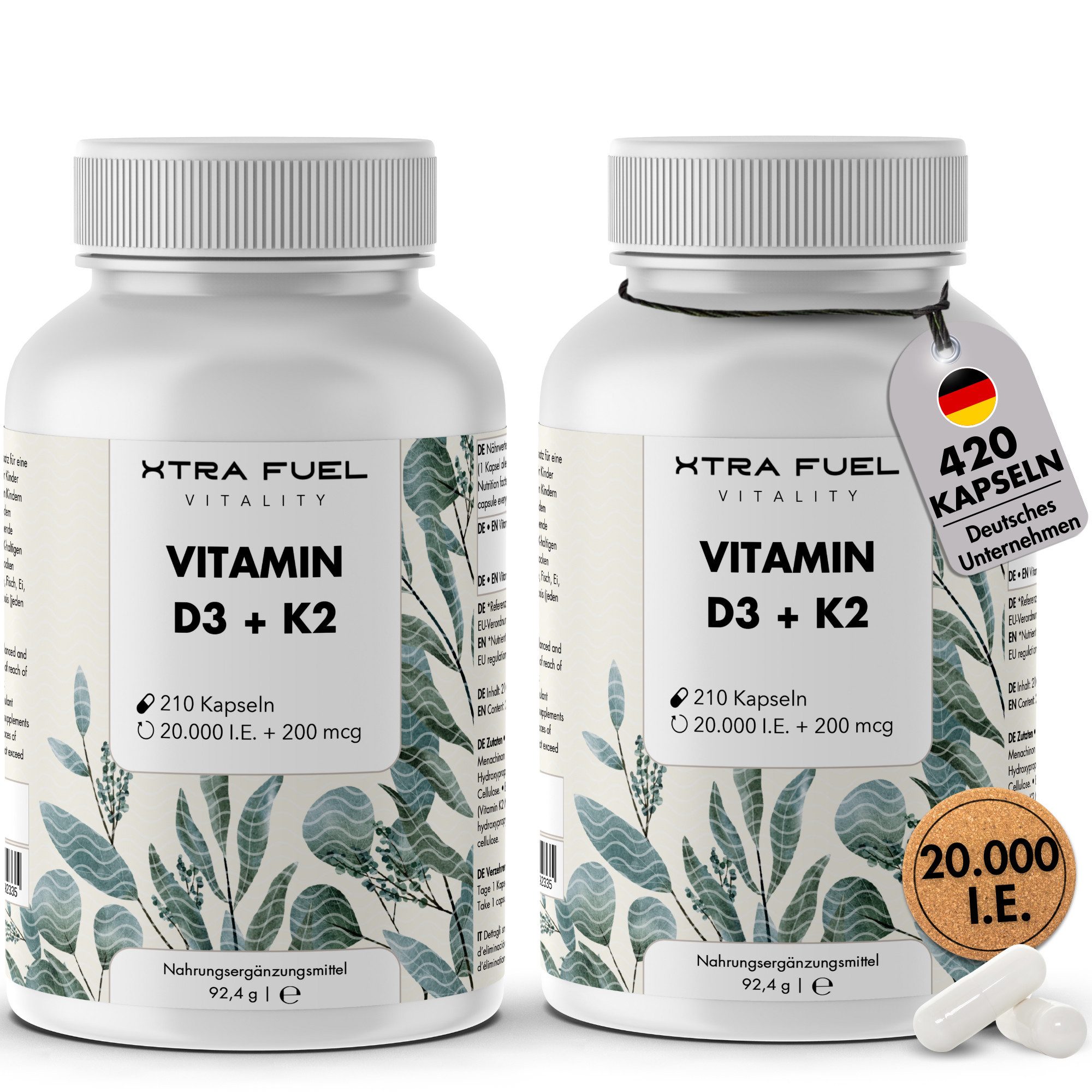 Vitamin D3 + K2 Kapseln - 20.000 I.E. + 200mcg - 100% rein & vegan Kapseln