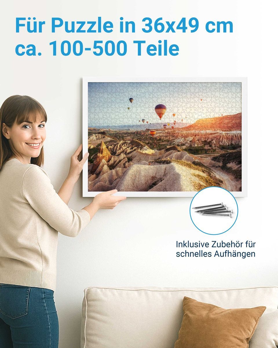 PHOTOLINI Bilderrahmen für Puzzle, Puzzlerahmen mit Acrylglas zum Aufhängen, für 1 Bilder (1 Einzelrahmen), 100-500 Teile im Endformat 36x49 cm – Bild 3 von 5