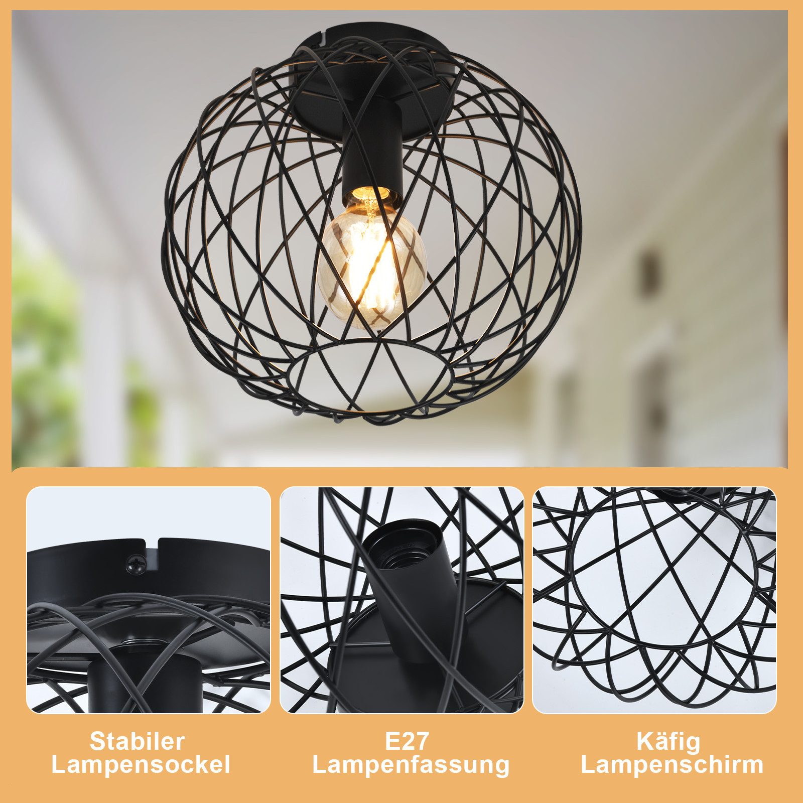 Nettlife Deckenleuchte Vintage Schwarz Kaefig Gitter E27 Metall Deckenstrahler Esszimmerlampe, LED wechselbar, 25CM Industrial Retro Lampen für Wohnzimmer Küche – Bild 4 von 5