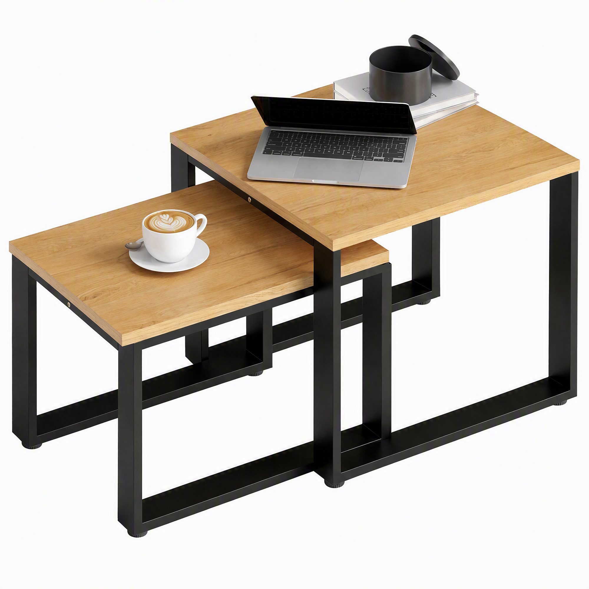 HOMCOM Couchtisch Wohnzimmertisch mit Metallrahmen, Beistelltisch Natur (Kaffeetisch, 2-St., Satztisch), modernes Design – Bild 2 von 5