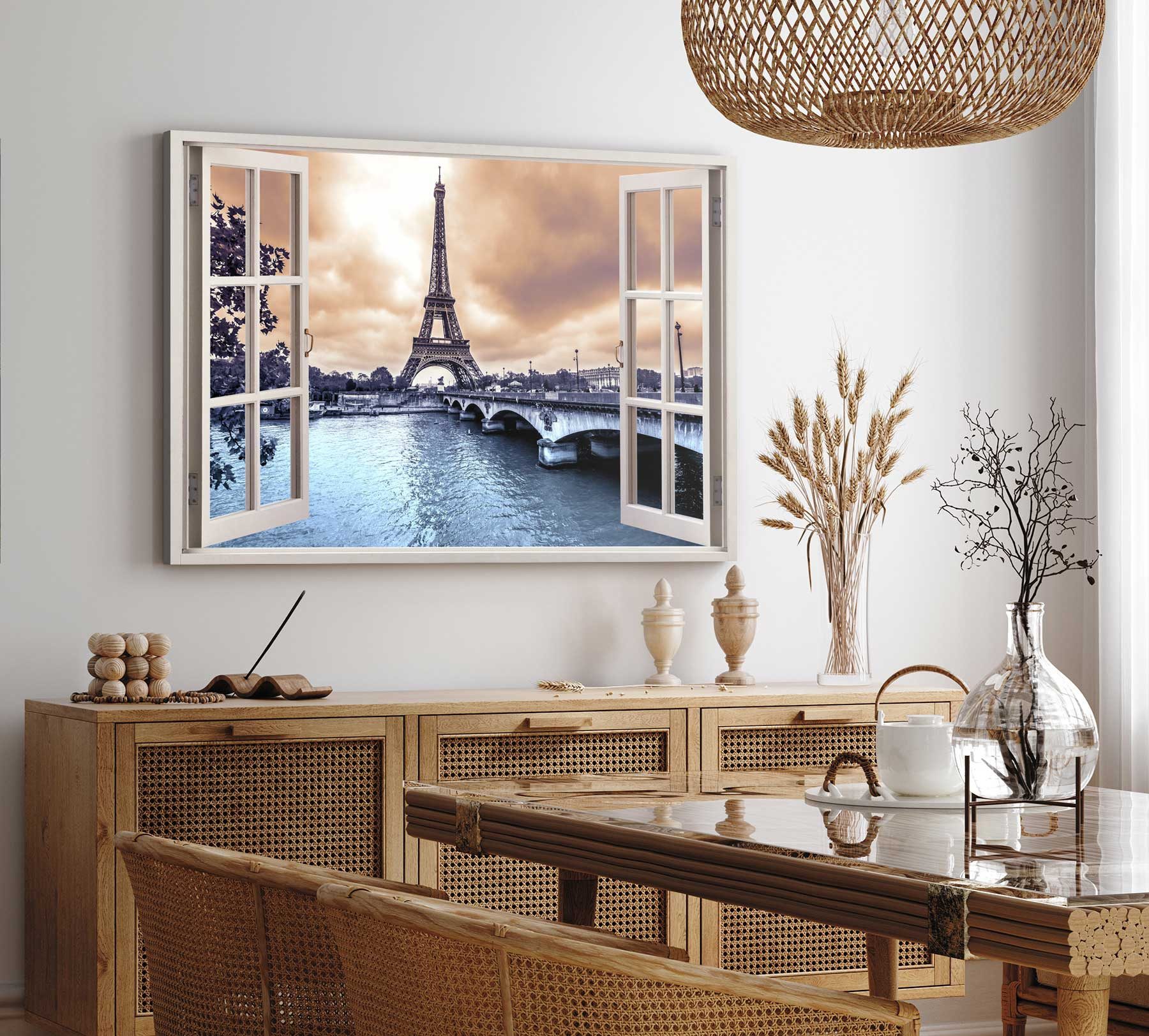 Sinus Art Leinwandbild Wandbild 120x80cm Fensterbild Paris Eiffelturm Kanal günstig online kaufen