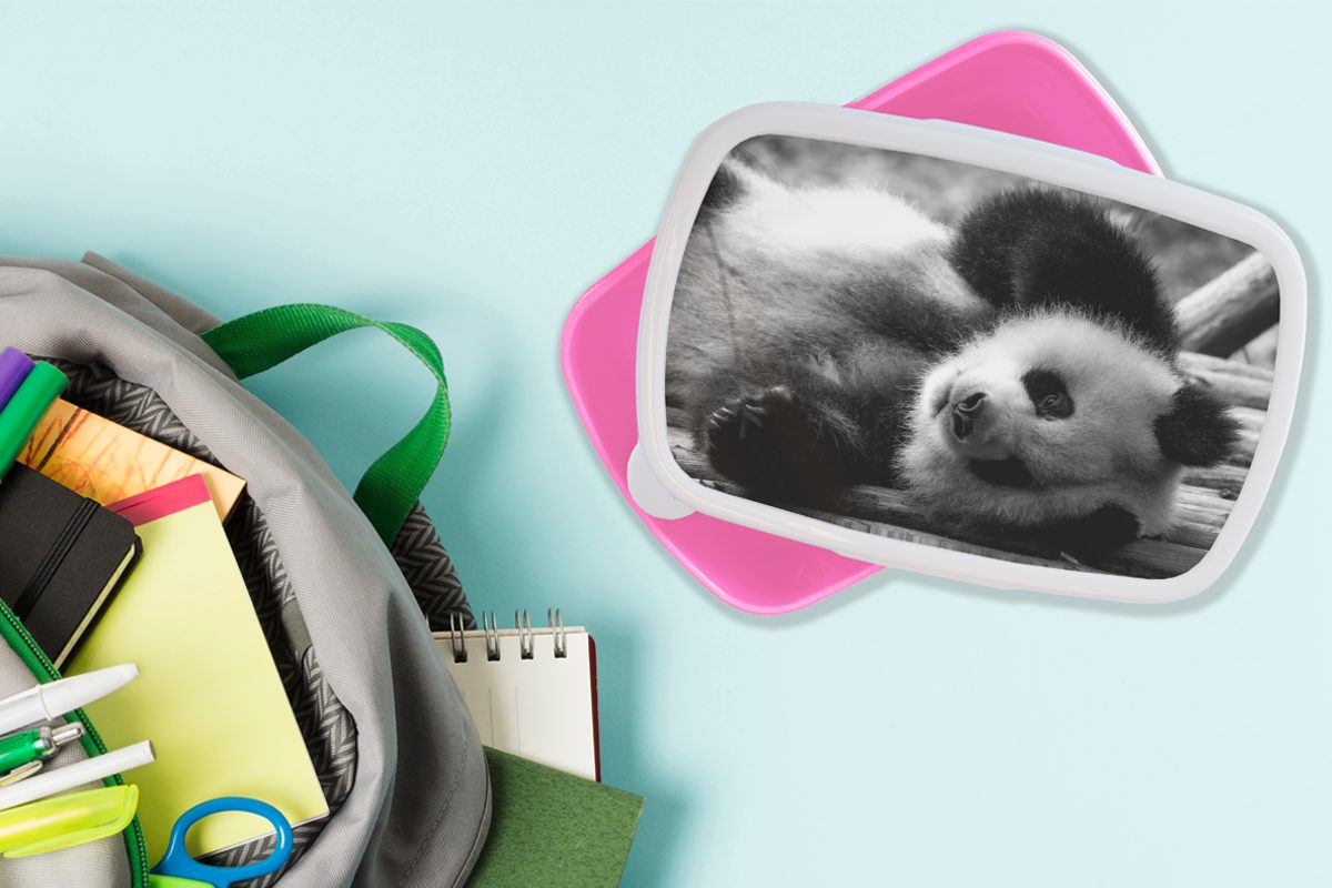 Lunchbox Erwachsene, Snackbox, Kunststoff MuchoWow Panda Brotdose in Kinder, Brotbox rosa Tierprofil schwarz Kunststoff, rollenden (2-tlg), Mädchen, weiß, für und