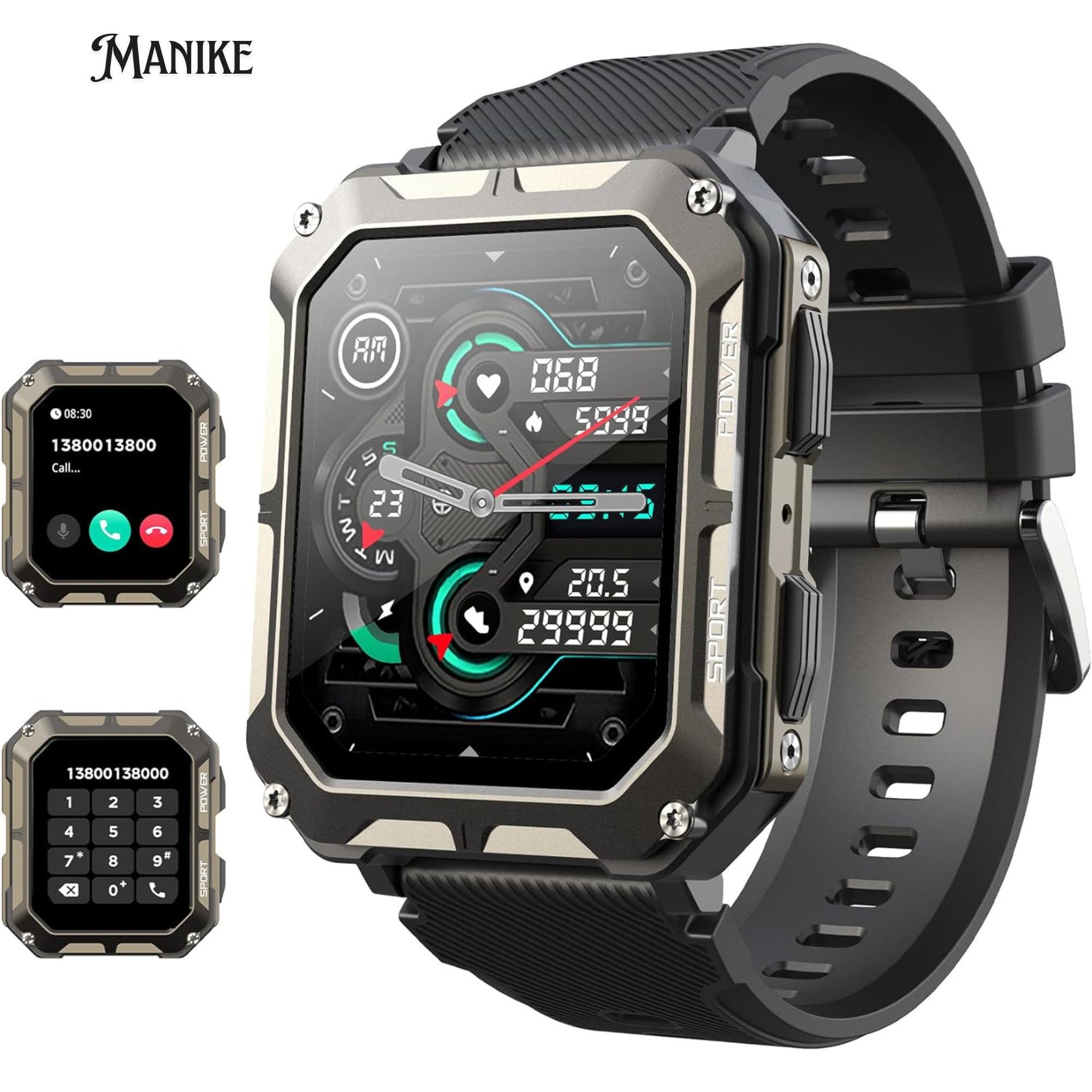 Manike C20 Smartwatch (4.3 Zoll), 1x Smartwatch, Manuals, 1xCharging Cable (USB), Silicone Band, IP68 Smartwatch, MP3-Wiedergabe, IP68 wasserdicht