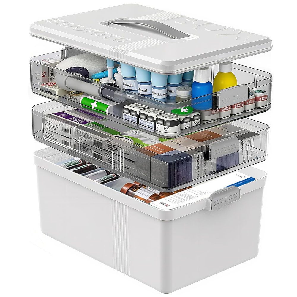 TUWENA Aufbewahrungsbox 3-Stöckige Medikamenten Aufbewahrung Große Hausapotheke mit Tragegriff, Kunststoff Mehrzweck Hausapotheke mit Deckel für Zuhause, Büro, Schule