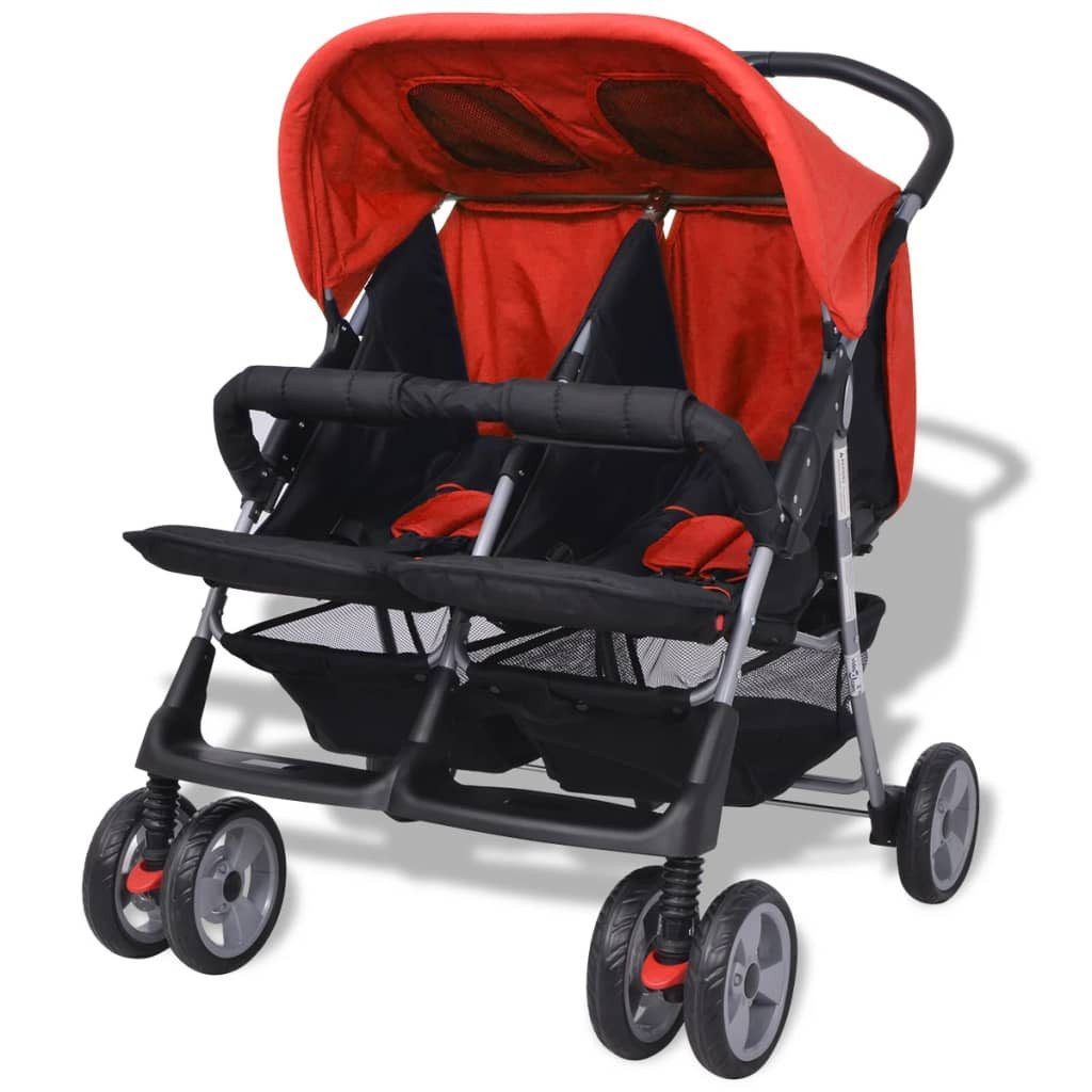 vidaXL Kombi-Kinderwagen Kinderwagen Kinderkarre Baby Zwillingswagen Buggy Stahl Rot und Schwar