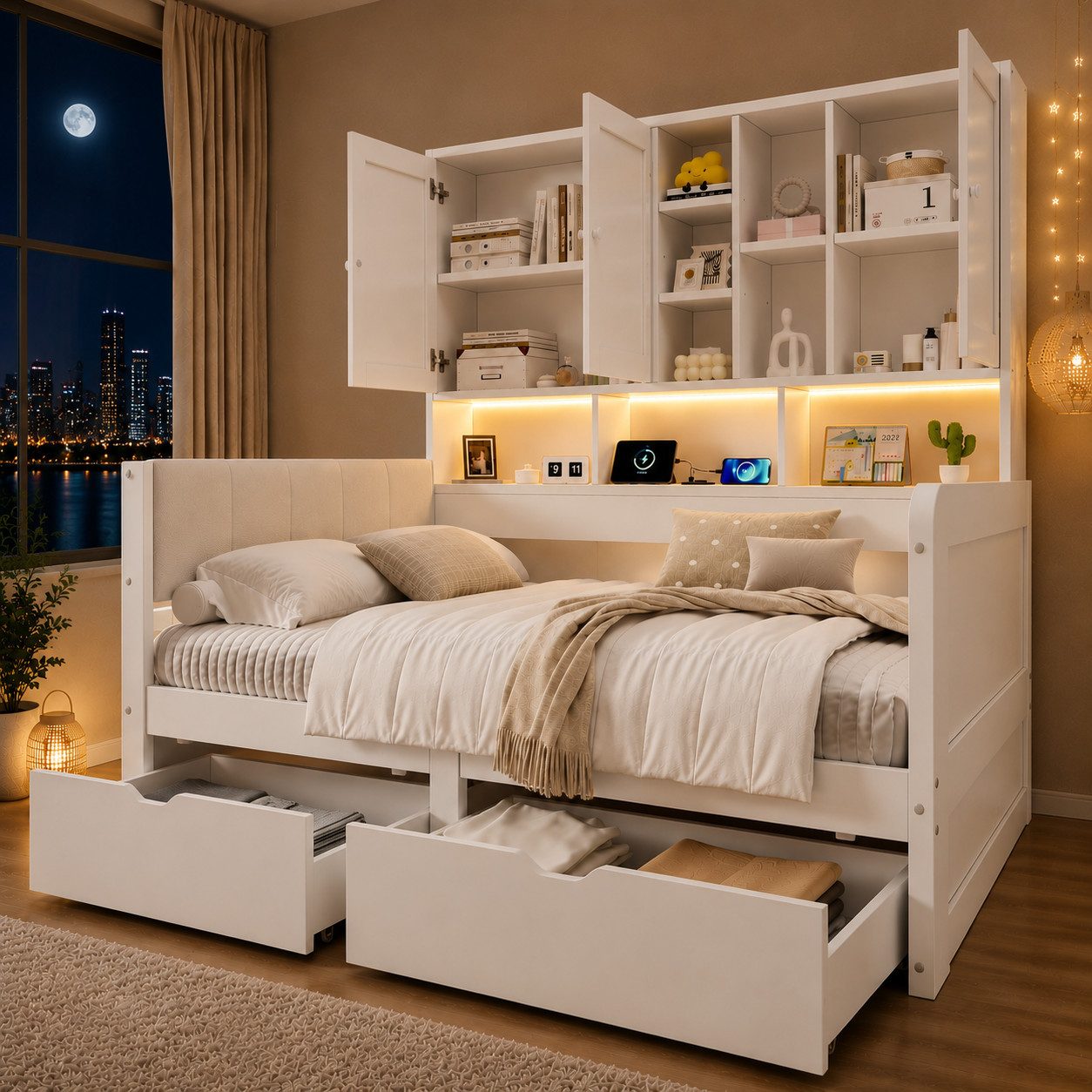Flieks Holzbett, Daybett Stauraumbett 90x200cm mit LED-Licht & Aufladen & 2 Schubladen