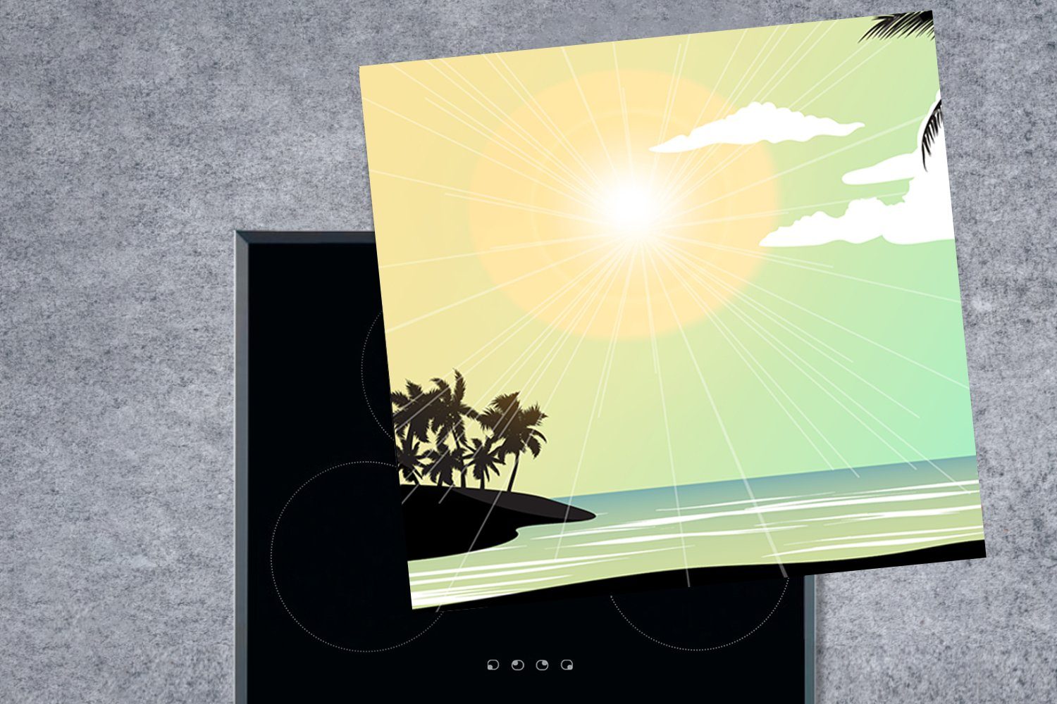 MuchoWow Herdblende-/Abdeckplatte Sonne - Meer (1 - tlg), Vinyl, für Palme, Arbeitsplatte küche 78x78 Ceranfeldabdeckung, cm