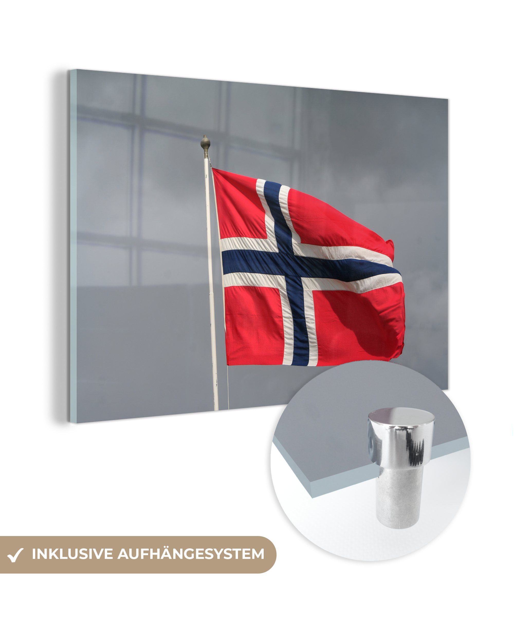 Flagge vor MuchoWow regnerischen (1 Acrylglasbilder Himmel, Acrylglasbild einem weht norwegische & St), grauen, Schlafzimmer Wohnzimmer Die