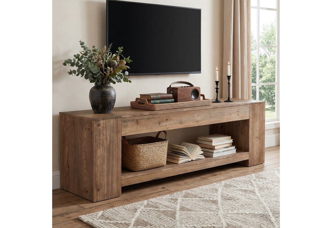 Tribesigns TV-Schrank 160 cm TV-Möbel aus Massivholz für Fernseher bis 190 cm im Landhausstil für Wohnzimmer