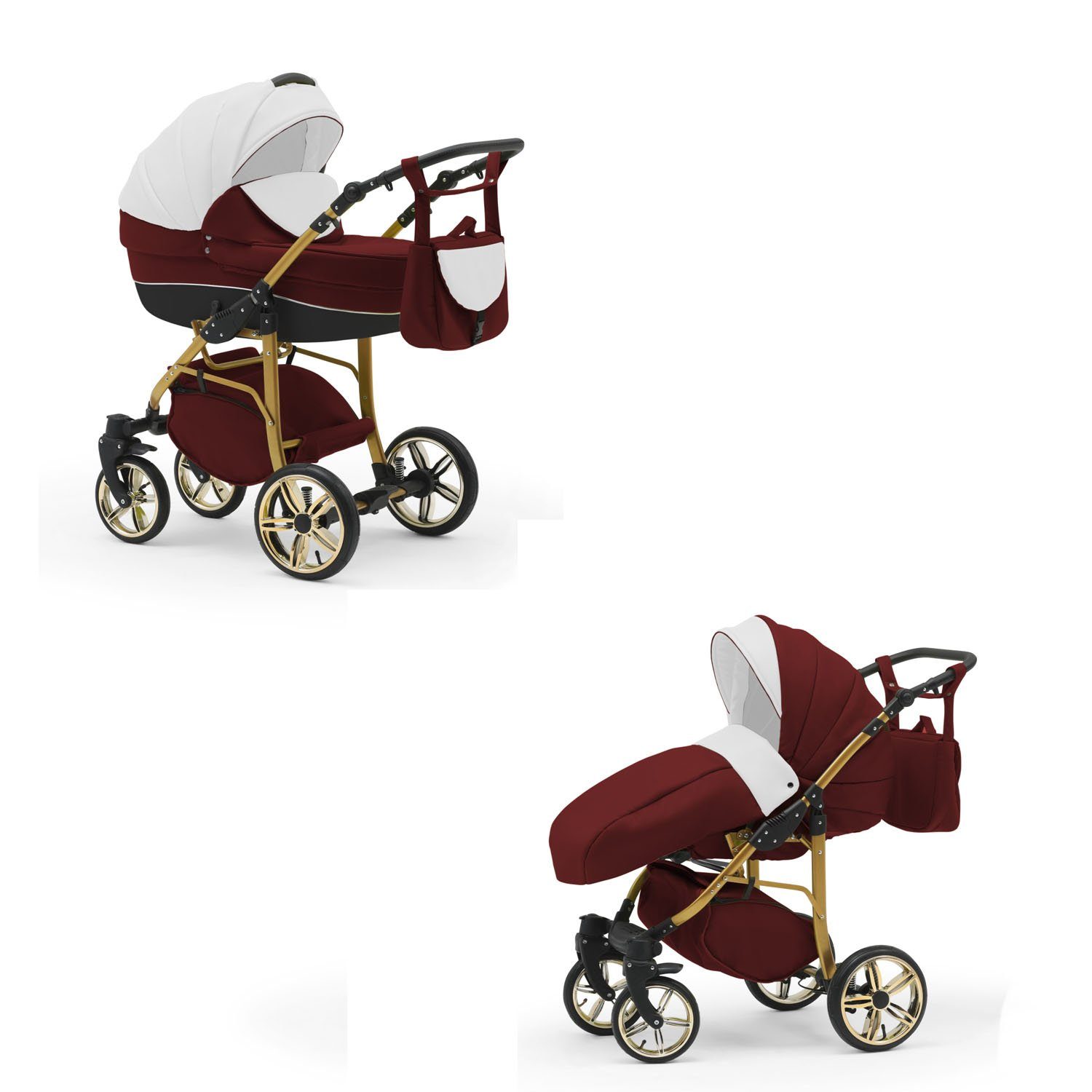 Cosmo 13 - 46 in - Kinderwagen-Set Weiß-Bordeaux-Schwarz babies-on-wheels 2 Gold 1 Farben in Teile Kombi-Kinderwagen