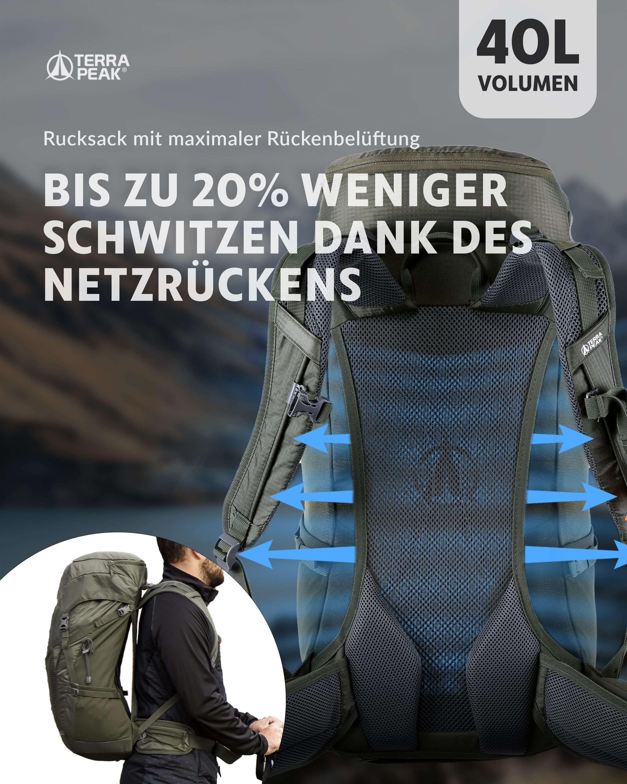 Terra Peak Wanderrucksack Airant 40, Rucksack mit belüftetem Netzrücken groß, 40 Liter