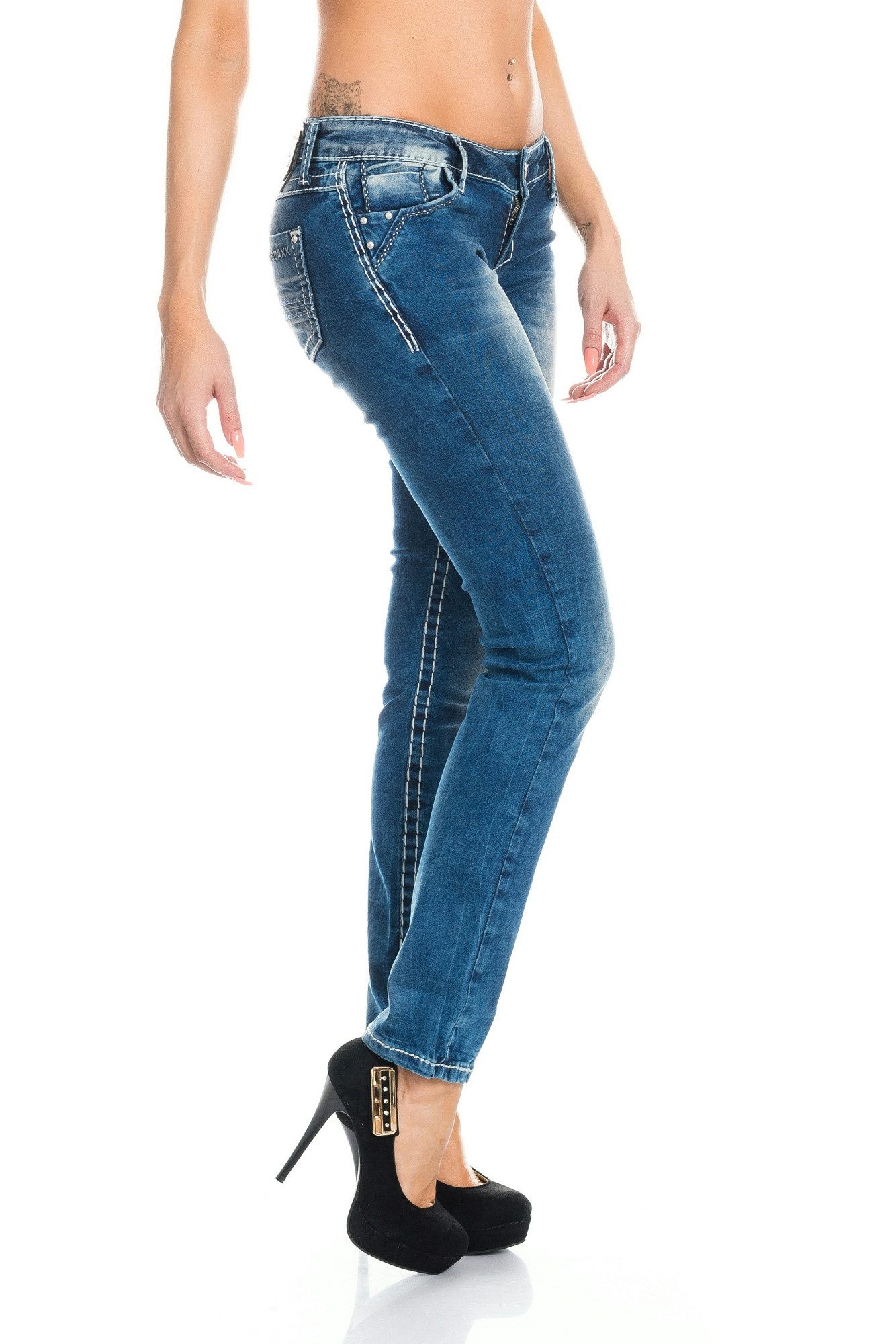 Cipo & Baxx Skinny-fit-Jeans Damen Jeans Hose mit dicken Kontrast Nähten Dicke weiße Nähte