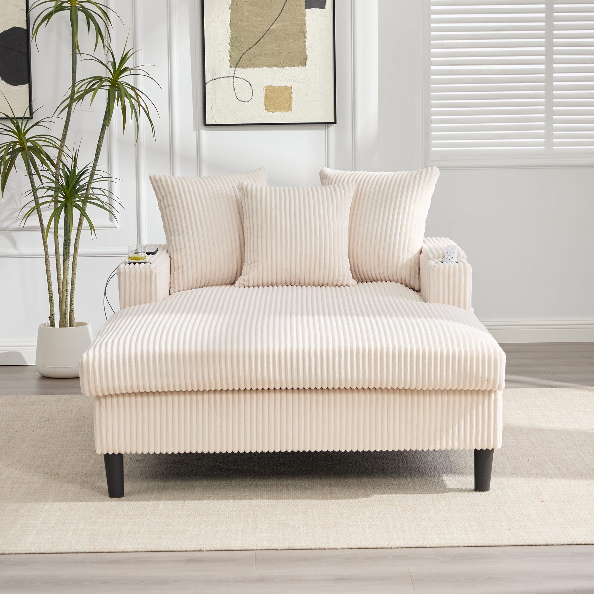 OKWISH Sofa Schlafsofa Loungesofa, mit Chaiselongue und großer Liegefläche, inkl. LED-Beleuchtung, USB-Ladeport, beidseitigen Becherhaltern & Stauraum, Wohnsofa mit Seitentasche und stabilen Füßen