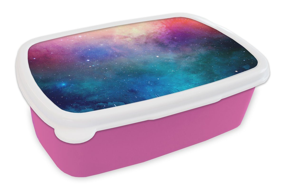 MuchoWow Lunchbox Aquarell - Sternenhimmel - Blau - Rosa, Kunststoff, (2-tlg), Brotbox für Erwachsene, Brotdose Kinder, Snackbox, Mädchen, Kunststoff