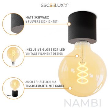 SSC-LUXon Aufbauleuchte NAMBI Deckenlampe schwarz mit Vintage LED E27 Globe XL Birne dimmbar, Extra Warmweiß