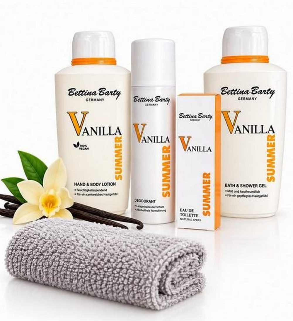 Bettina Barty Pflege-Geschenkset Summer Vanilla Geschenkset Duschgel, Bodylotion, Deospray, EDT & WH Geschenk-Set, Geschenkset