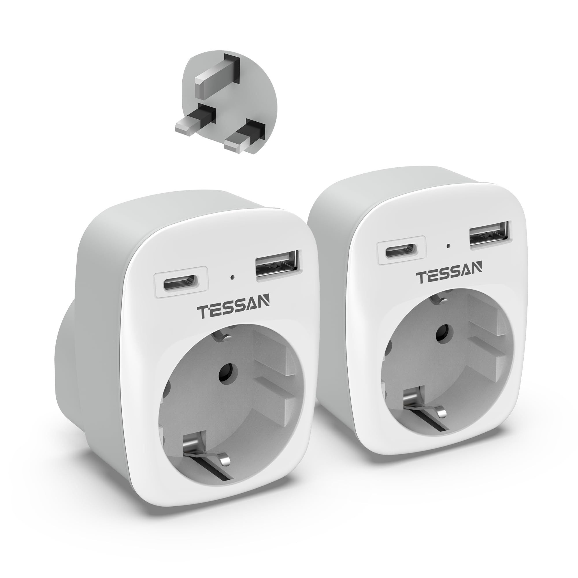 TESSAN 2 Stück klappbarer 3-in-1 Reiseadapter für UK-Stecker in EU-Steckdosen Reiseadapter AC Buchse, USB A, USB C, Typ G Buchse zu UK Plug (Typ G), 3250W UK Adapter mit USB C und USB A, Stromadapter für Irland Dubai