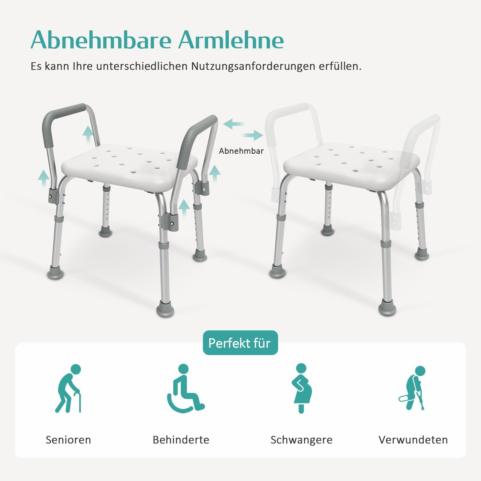EMKE Duschhocker Badhocker höhenverstellbarer Belastbar bis 136 kg, mit Anti-Rutsch-Saugnapf-Füßen, ergonomischen Armlehnen & Rückenlehne