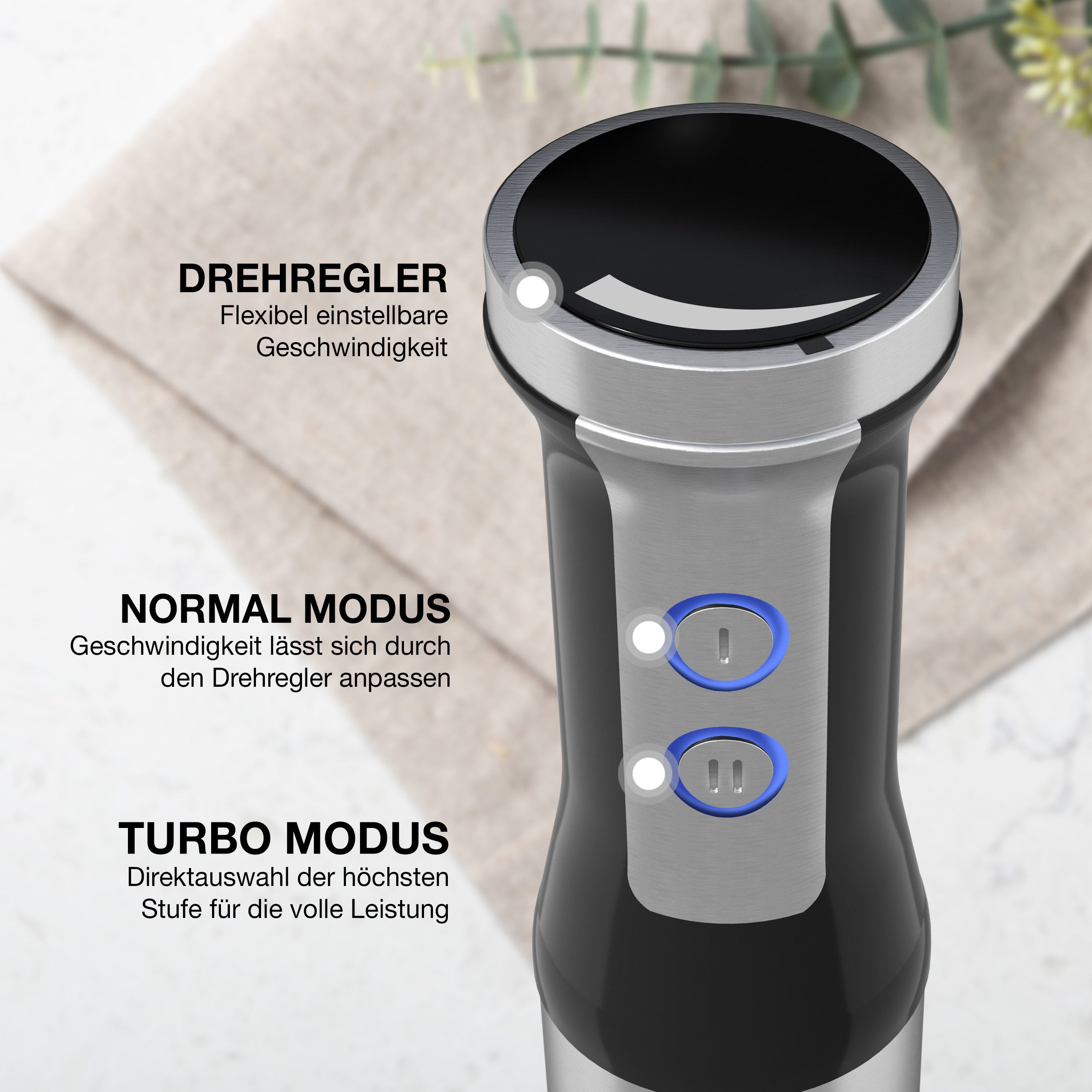 Lebenlang Stabmixer Edelstahl Pürierstab, 1000,00 W, 8 Geschwindigkeitsstufen & Turbo-Modus I Edelstahl I Spritzschutz