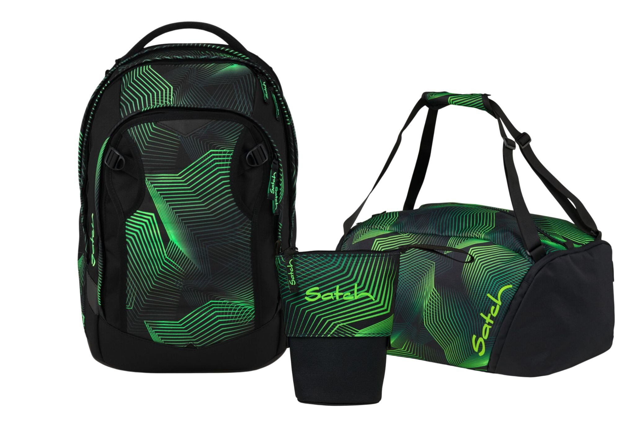 Satch Schulranzen Schulrucksack-Set MATCH PLUS Seismic Green 3-teilig (3-teilig), Schulranzen, ergonomisch, 30 + 5 Liter, 4 Fächer