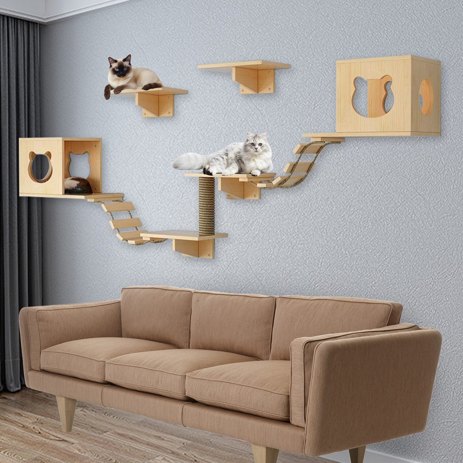Katzen-Kletterwand 9 Stück Deluxe-Katzenmöbel aus Holz, Katzenbett, Klettergerüst