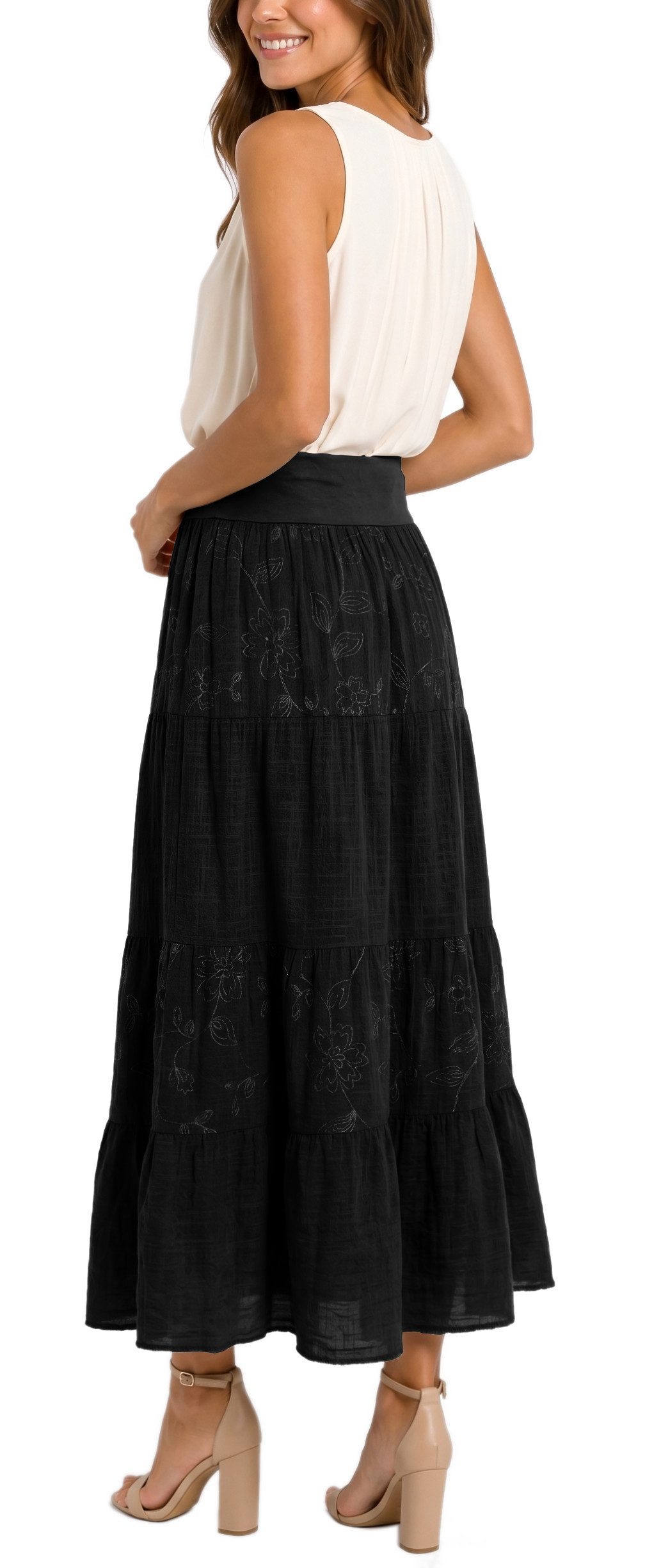 dy_mode Maxirock Damen Maxirock Luftiger Stufenrock Langer Baumwollrock Sommerrock in Unifarbe, mit Gummibund, Blumenstickerei