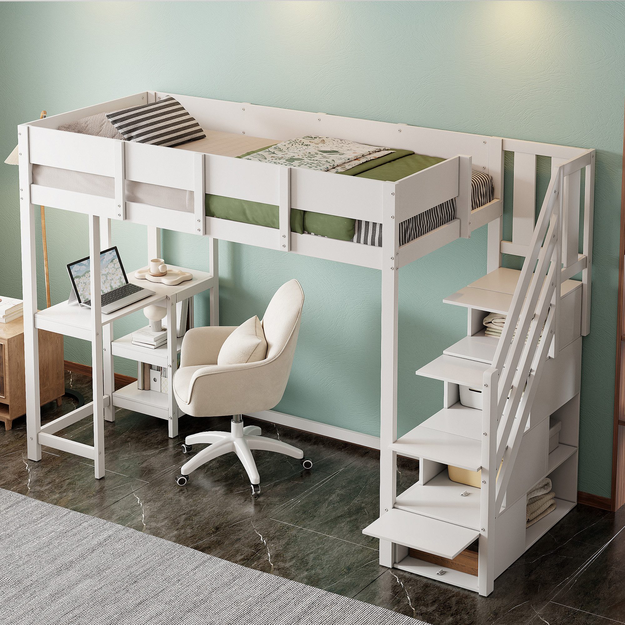 Merax Hochbett mit Aufbewahrungstreppe, Ablageregal & Schreibtisch (Jugendb günstig online kaufen
