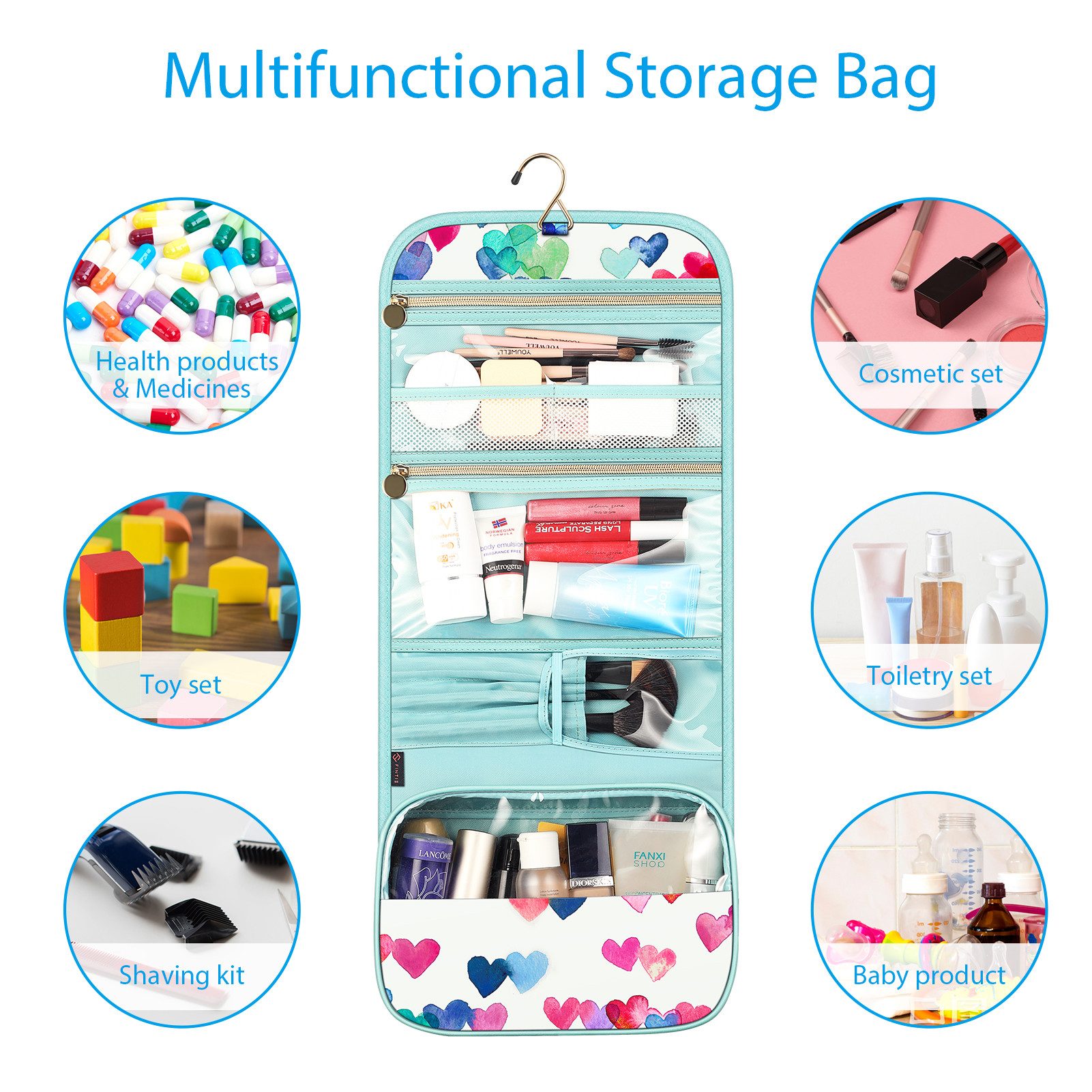 Fintie Kulturbeutel Tragbare Kulturtasche Kosmetiktasche Reisetasche, Große wasserdichte, Aufhängen Make-up Organizer Stauraum Tasche für Damen Mädchen – Bild 4 von 5