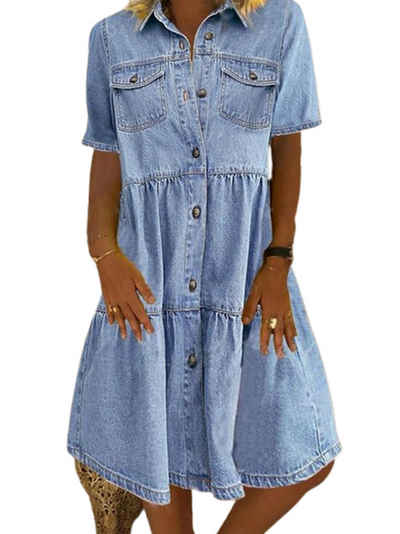 ZWY Jeanskleid Kurzärmliges Jeanskleid mit Revers und Midirock in Distressed-Optik (M-XL) Blusenkleid damen,sommerkleid damen leicht