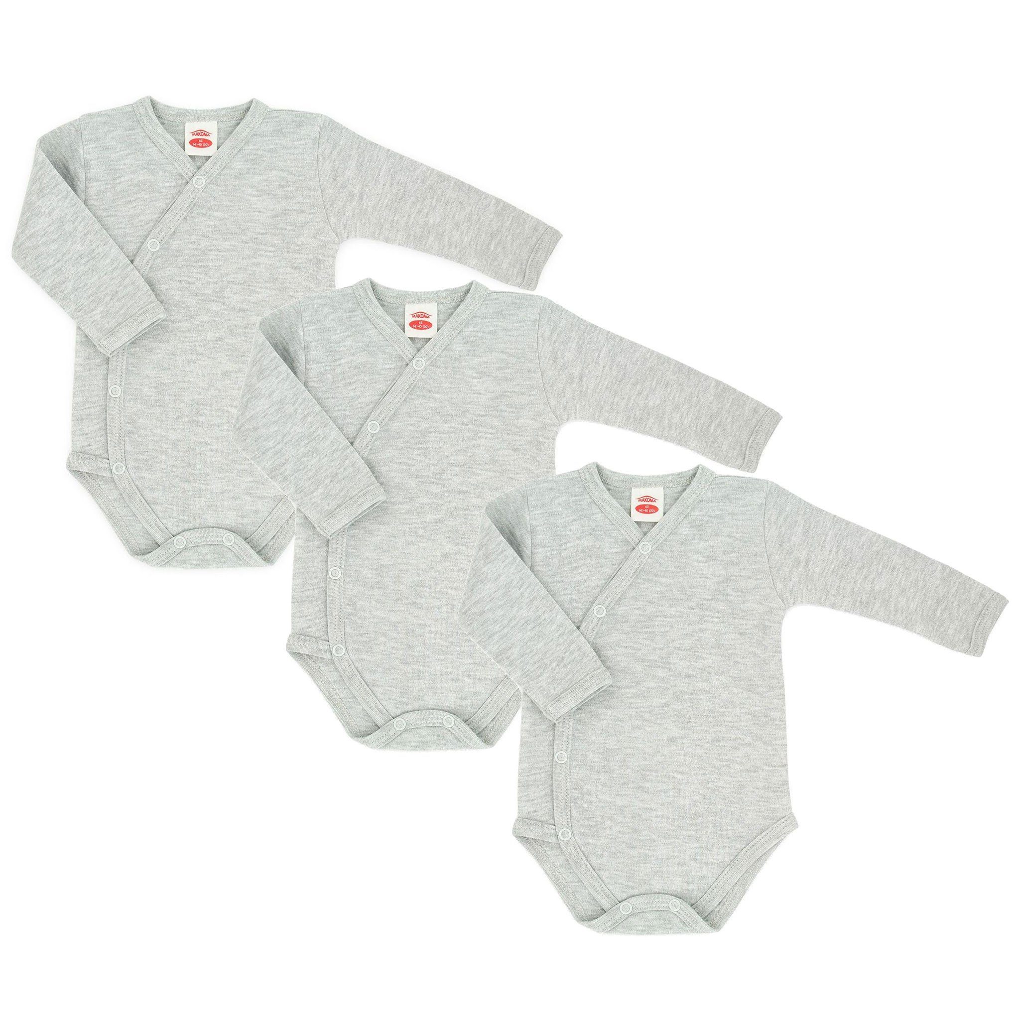 Baby Grau Langarmwickelbody Wickelbody 100% Baumwolle Mädchen Jungen & 3-tlg., für Makoma (Spar-Set, Neugeborene 3er-Pack) Body